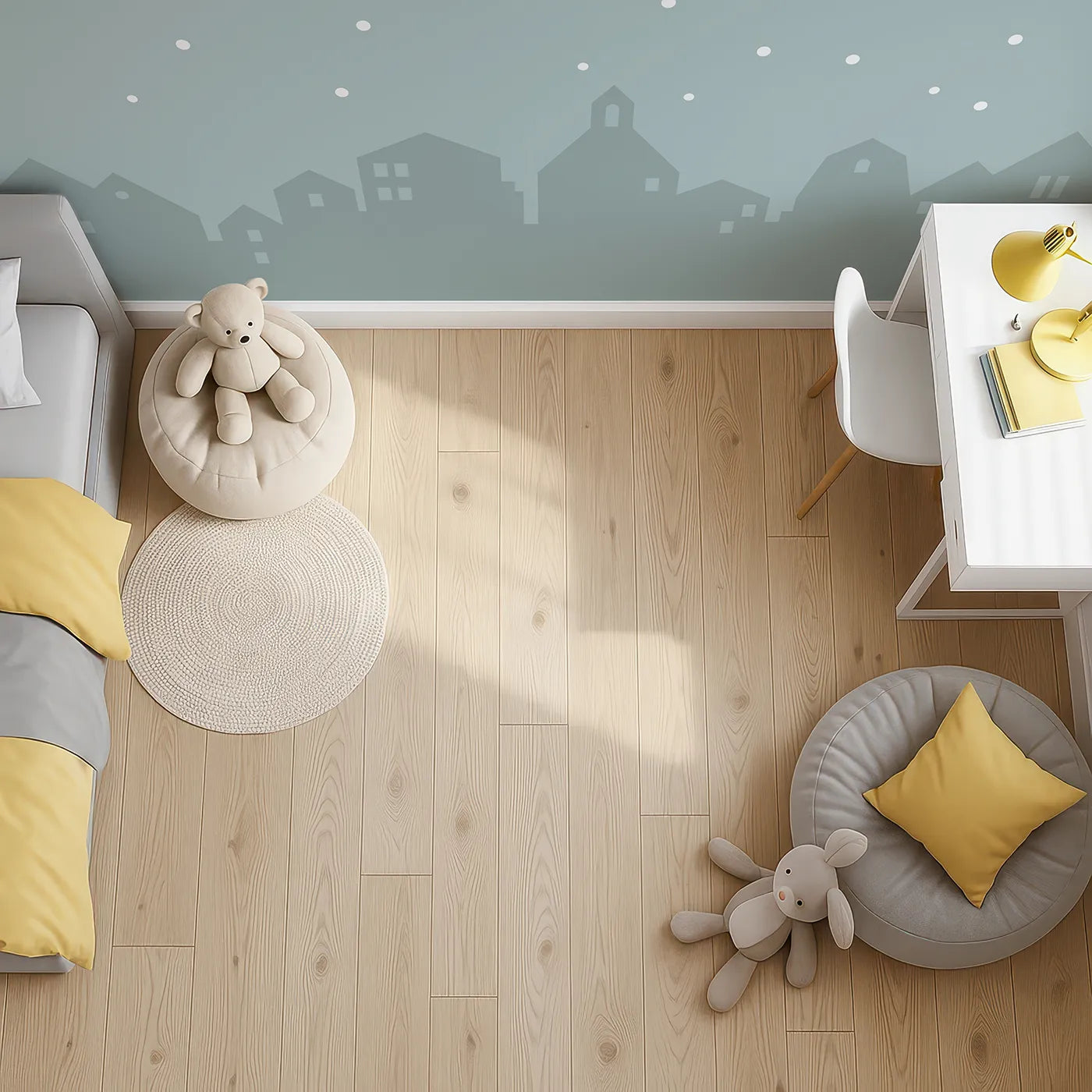 Top-down view of Whimsy Tots' Starry Night Village Wall Mural (Turn Their Room into a Peaceful, Starlit Town).Gender-Neutral