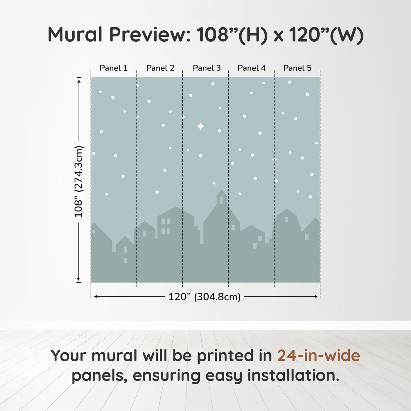 Whimsy Tots Starry Night Village Wall Muraldimension view (108" H x 120" W). Printed in five 24-inch-wide panels. Gender-Neutral