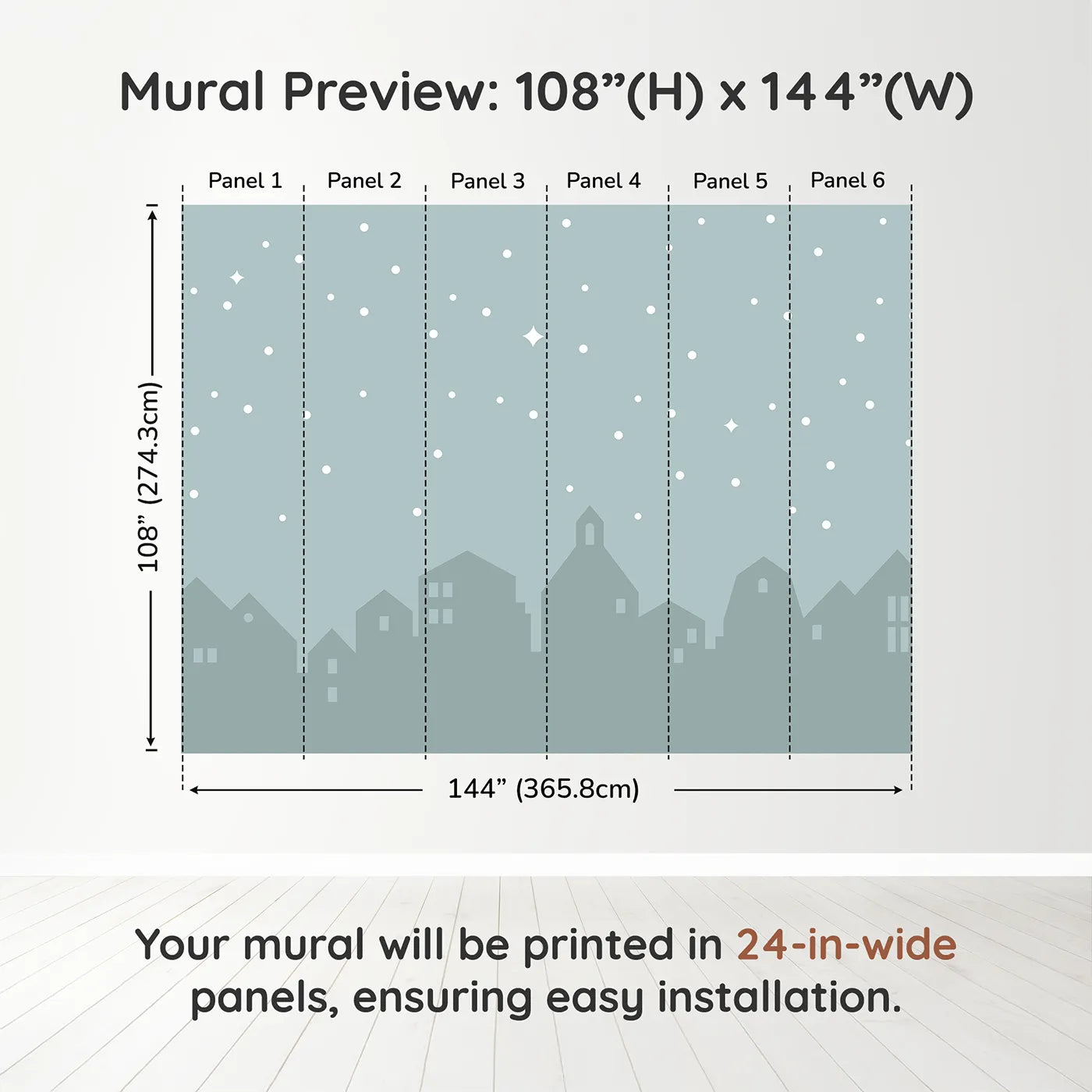 Whimsy Tots Starry Night Village Wall Muraldimension view (108" H x 144" W). Printed in six 24-inch-wide panels. Gender-Neutral