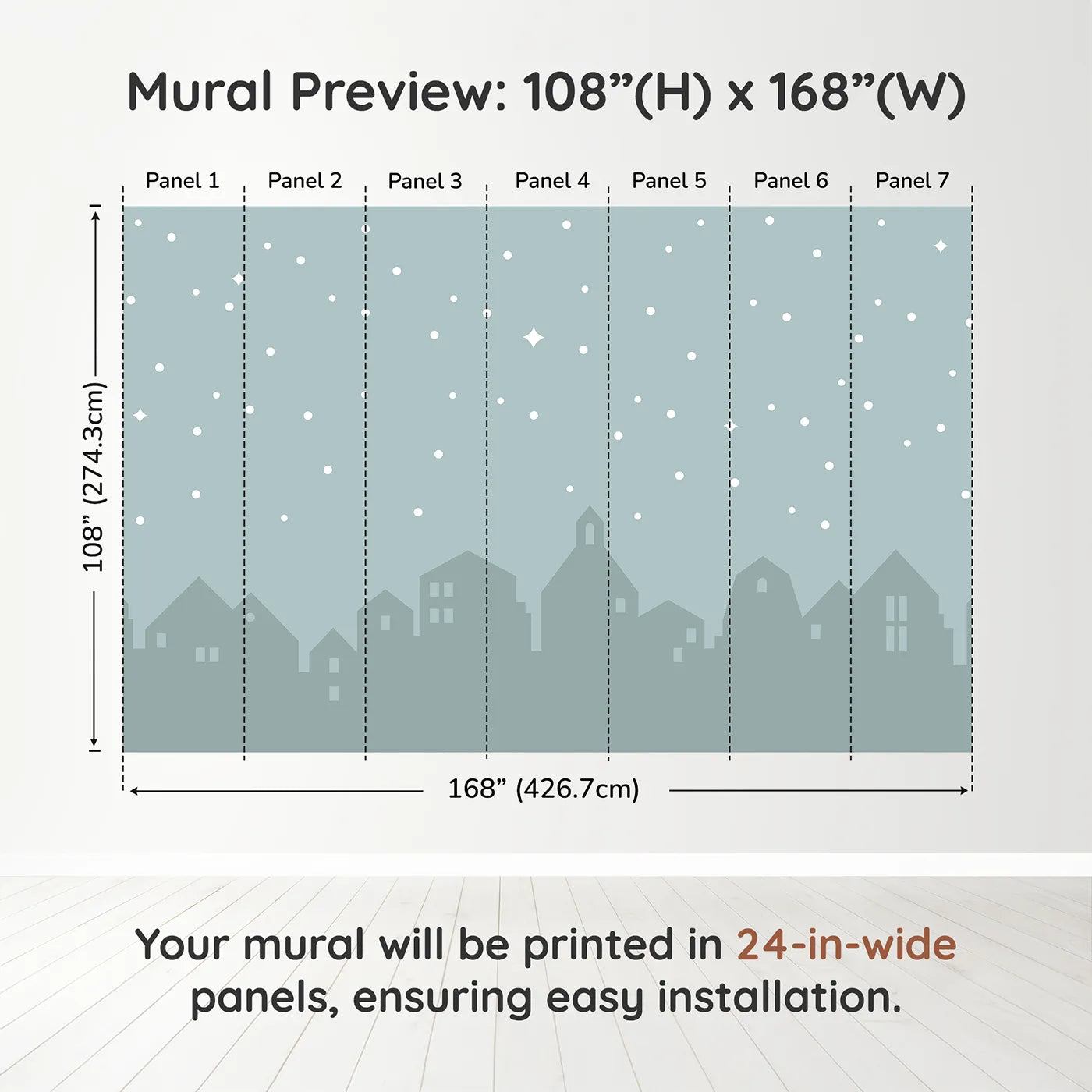 Whimsy Tots Starry Night Village Wall Muraldimension view (108" H x 168" W). Printed in seven 24-inch-wide panels. Gender-Neutral