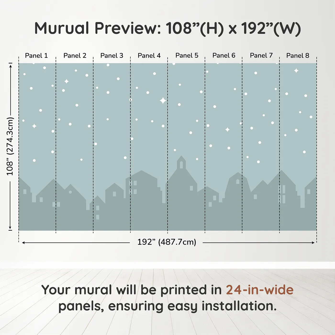 Whimsy Tots Starry Night Village Wall Muraldimension view (108" H x 192" W). Printed in eight 24-inch-wide panels. Gender-Neutral