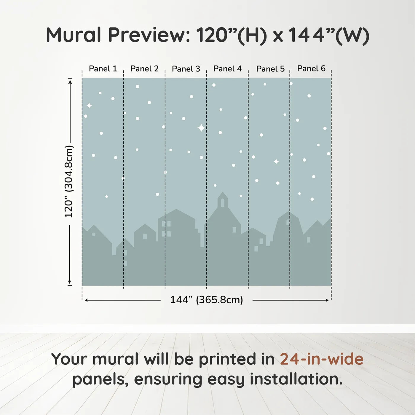 Whimsy Tots Starry Night Village Wall Muraldimension view (120" H x 144" W). Printed in six 24-inch-wide panels. Gender-Neutral