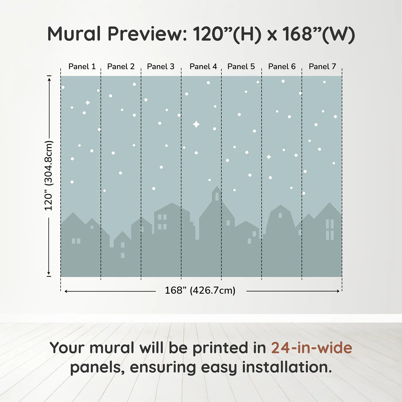 Whimsy Tots Starry Night Village Wall Muraldimension view (120" H x 168" W). Printed in seven 24-inch-wide panels. Gender-Neutral