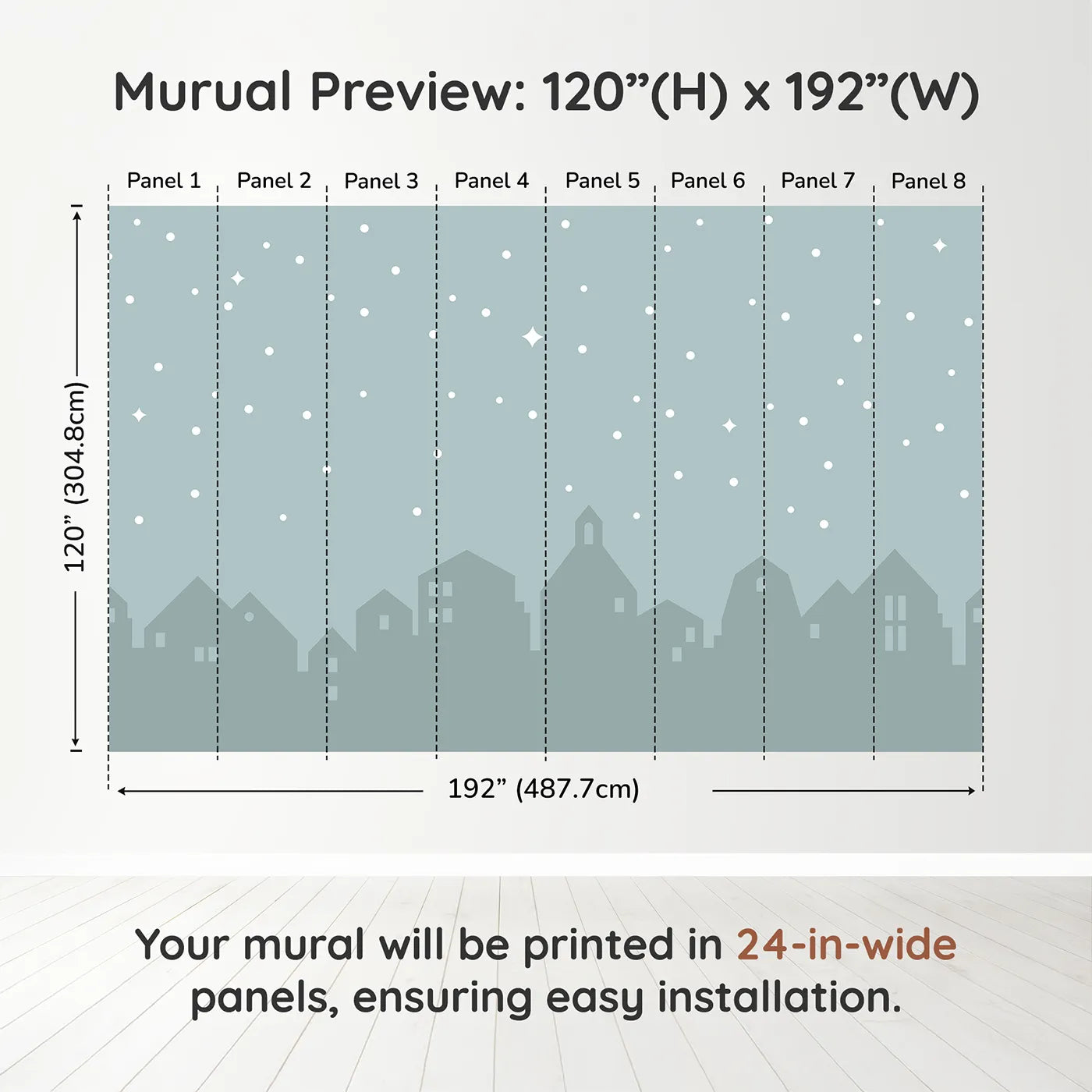Whimsy Tots Starry Night Village Wall Muraldimension view (120" H x 192" W). Printed in eight 24-inch-wide panels. Gender-Neutral