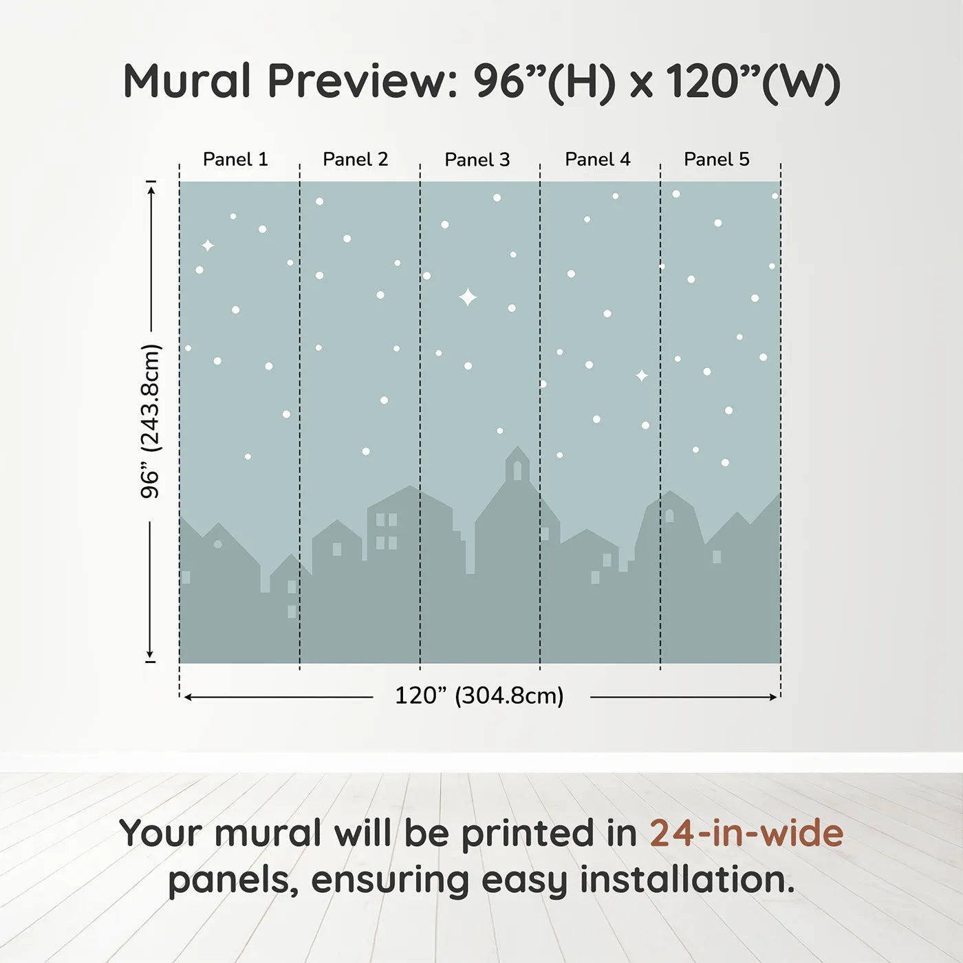 Whimsy Tots Starry Night Village Wall Muraldimension view (96" H x 120" W). Printed in five 24-inch-wide panels. Gender-Neutral