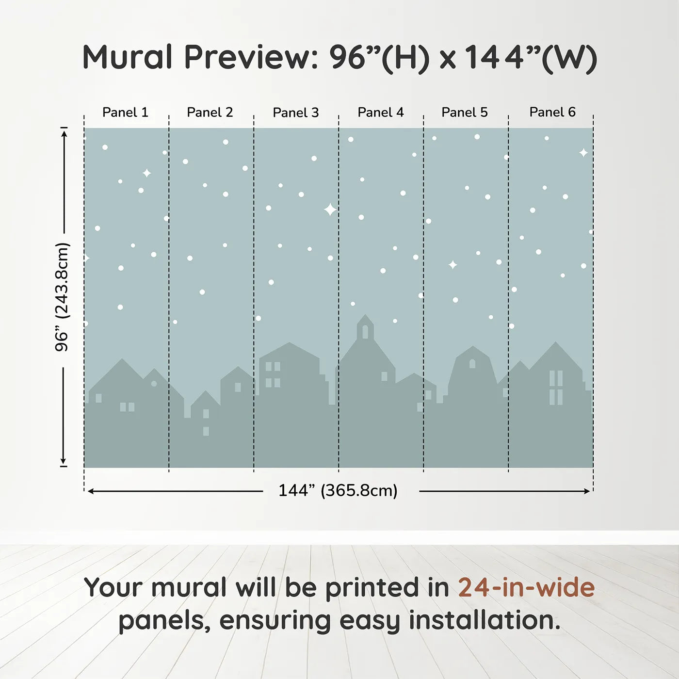 Whimsy Tots Starry Night Village Wall Muraldimension view (96" H x 144" W). Printed in six 24-inch-wide panels. Gender-Neutral