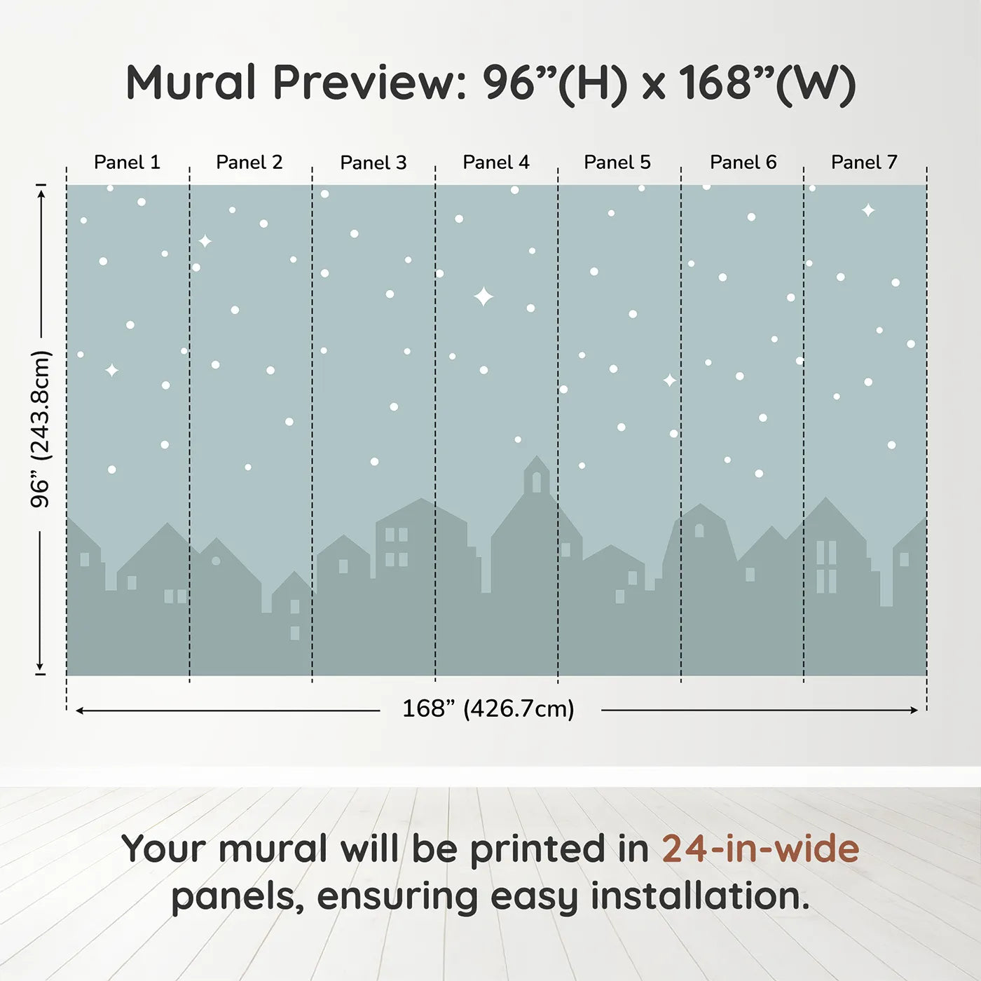 Whimsy Tots Starry Night Village Wall Muraldimension view (96" H x 168" W). Printed in seven 24-inch-wide panels. Gender-Neutral