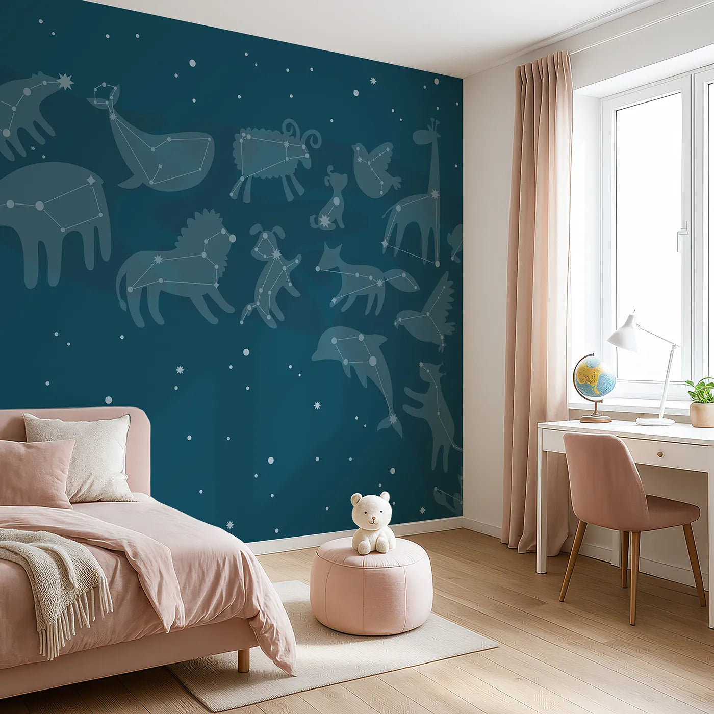 Angled view of Whimsy Tots' Animal Constellations Wall Mural (Turn Their Room into a Magical Star-Gazing Safari).Gender-Neutral