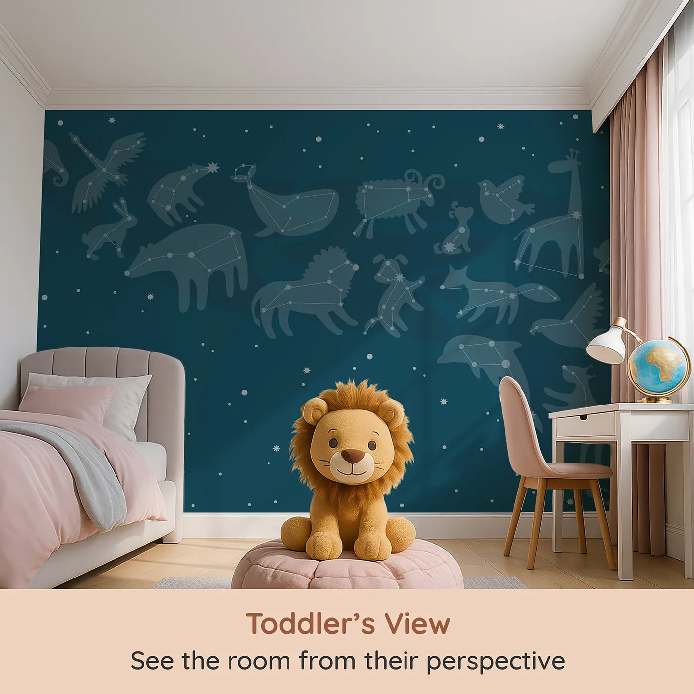 Whimsy Tots Animal Constellations Wall Mural (Turn Their Room into a Magical Star-Gazing Safari) from your child's view.Gender-Neutral