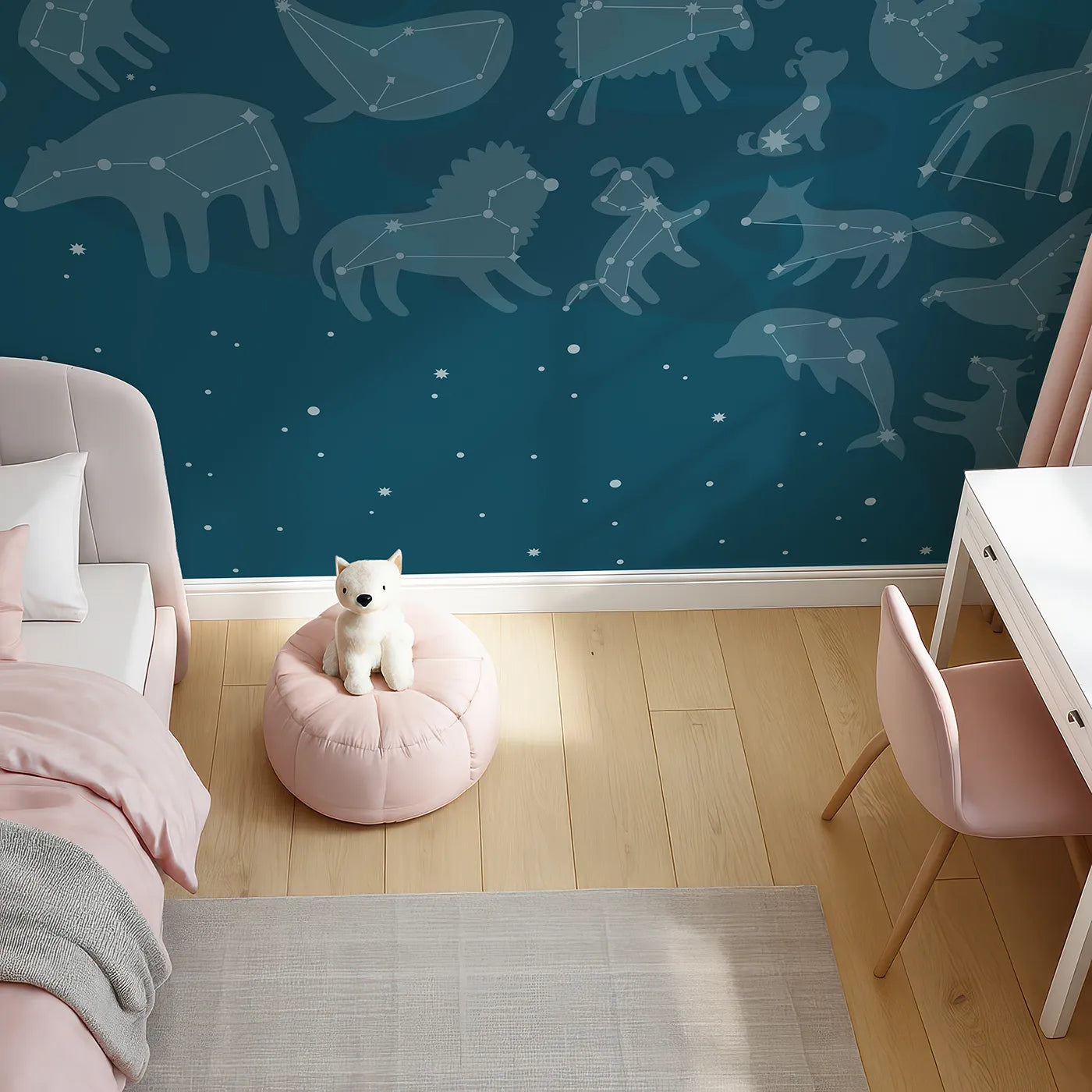 Top-down view of Whimsy Tots' Animal Constellations Wall Mural (Turn Their Room into a Magical Star-Gazing Safari).Gender-Neutral