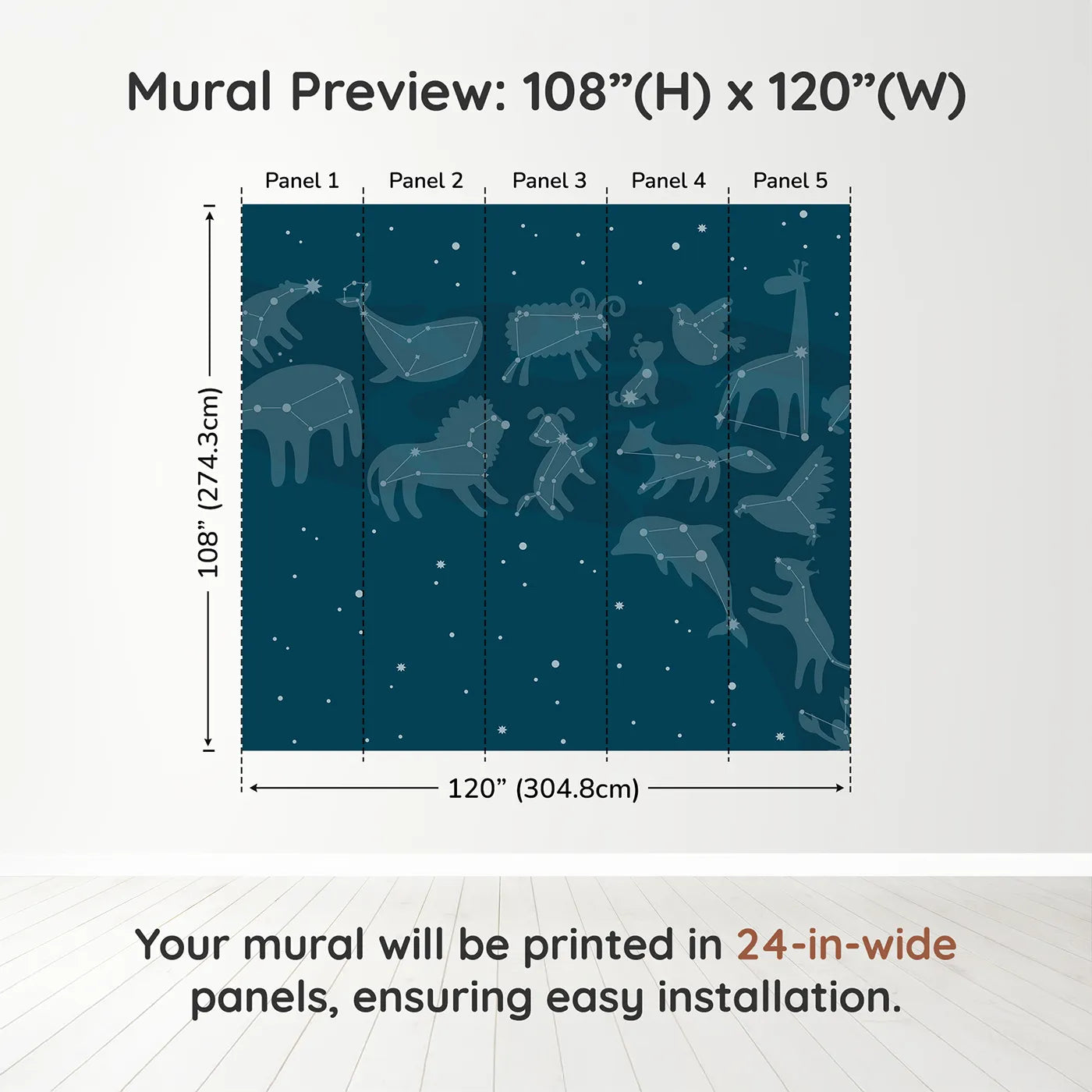 Whimsy Tots Animal Constellations Wall Muraldimension view (108" H x 120" W). Printed in five 24-inch-wide panels. Gender-Neutral