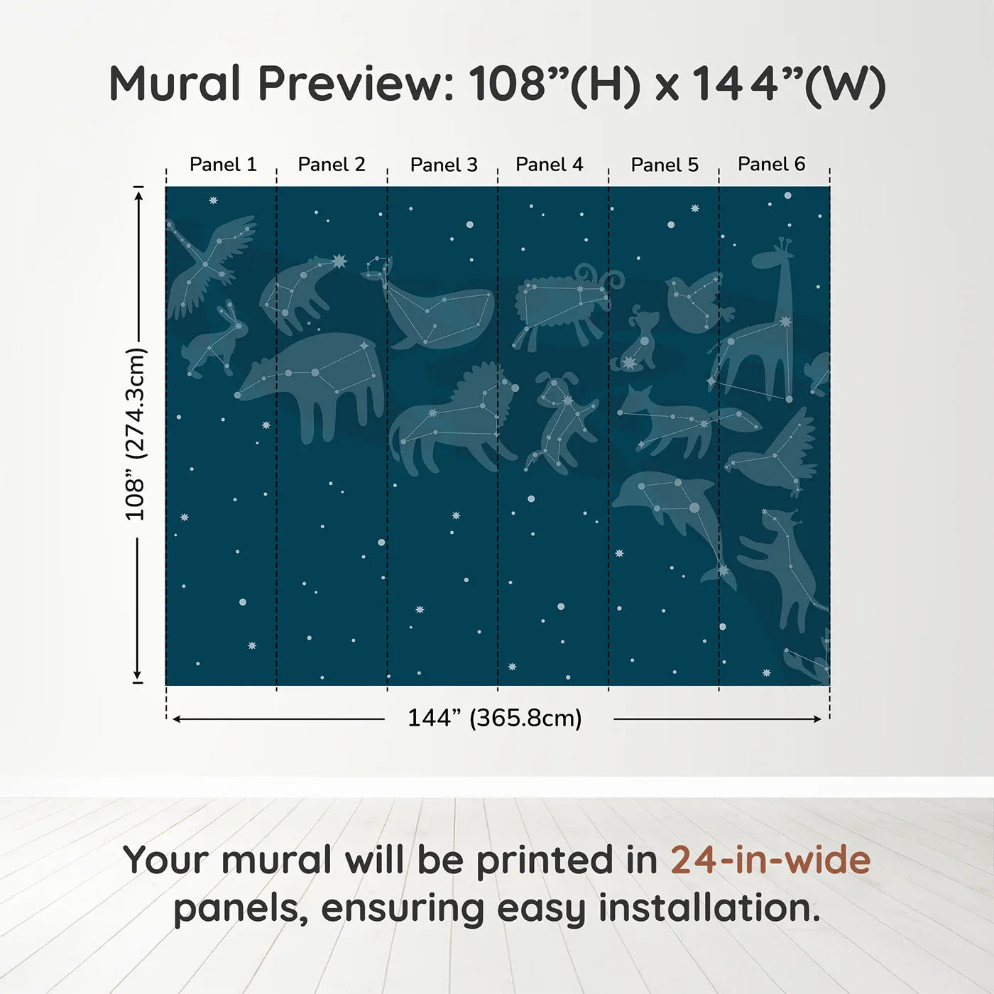 Whimsy Tots Animal Constellations Wall Muraldimension view (108" H x 144" W). Printed in six 24-inch-wide panels. Gender-Neutral