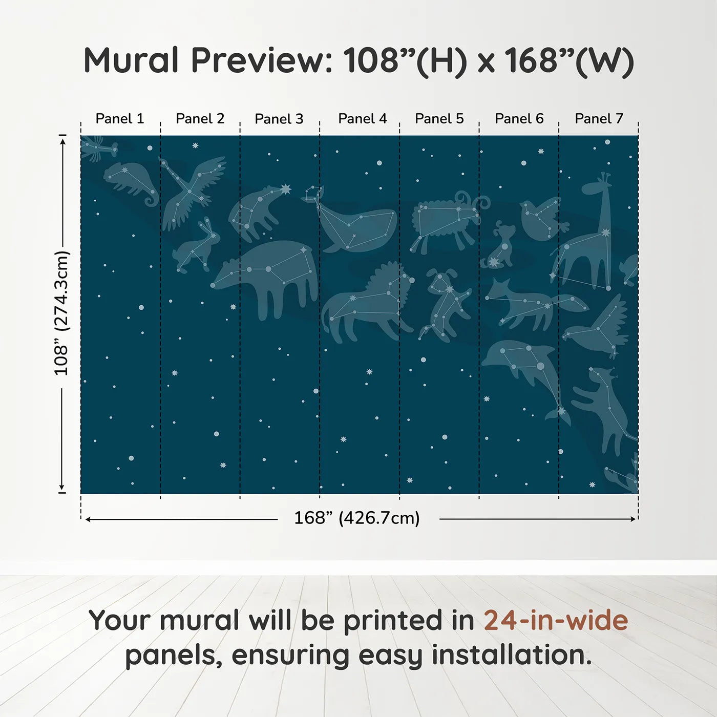 Whimsy Tots Animal Constellations Wall Muraldimension view (108" H x 168" W). Printed in seven 24-inch-wide panels. Gender-Neutral
