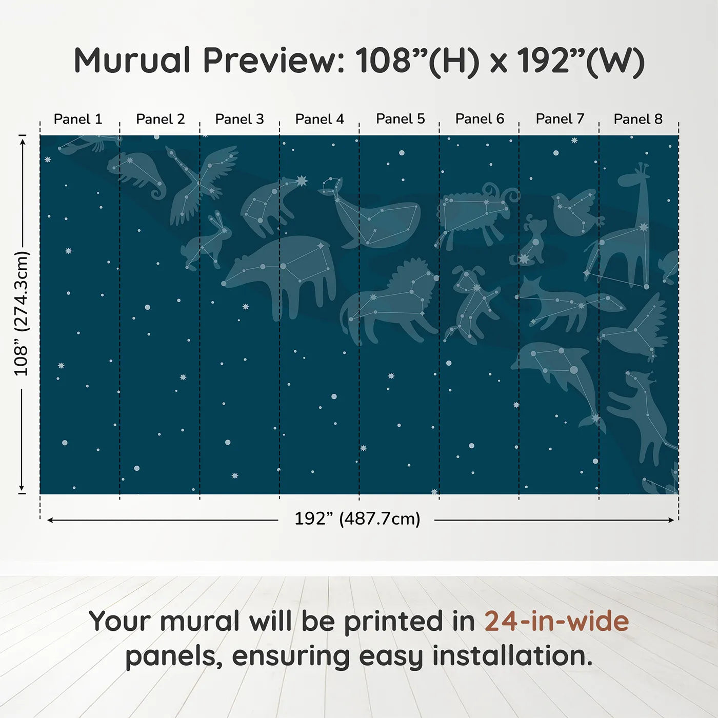 Whimsy Tots Animal Constellations Wall Muraldimension view (108" H x 192" W). Printed in eight 24-inch-wide panels. Gender-Neutral