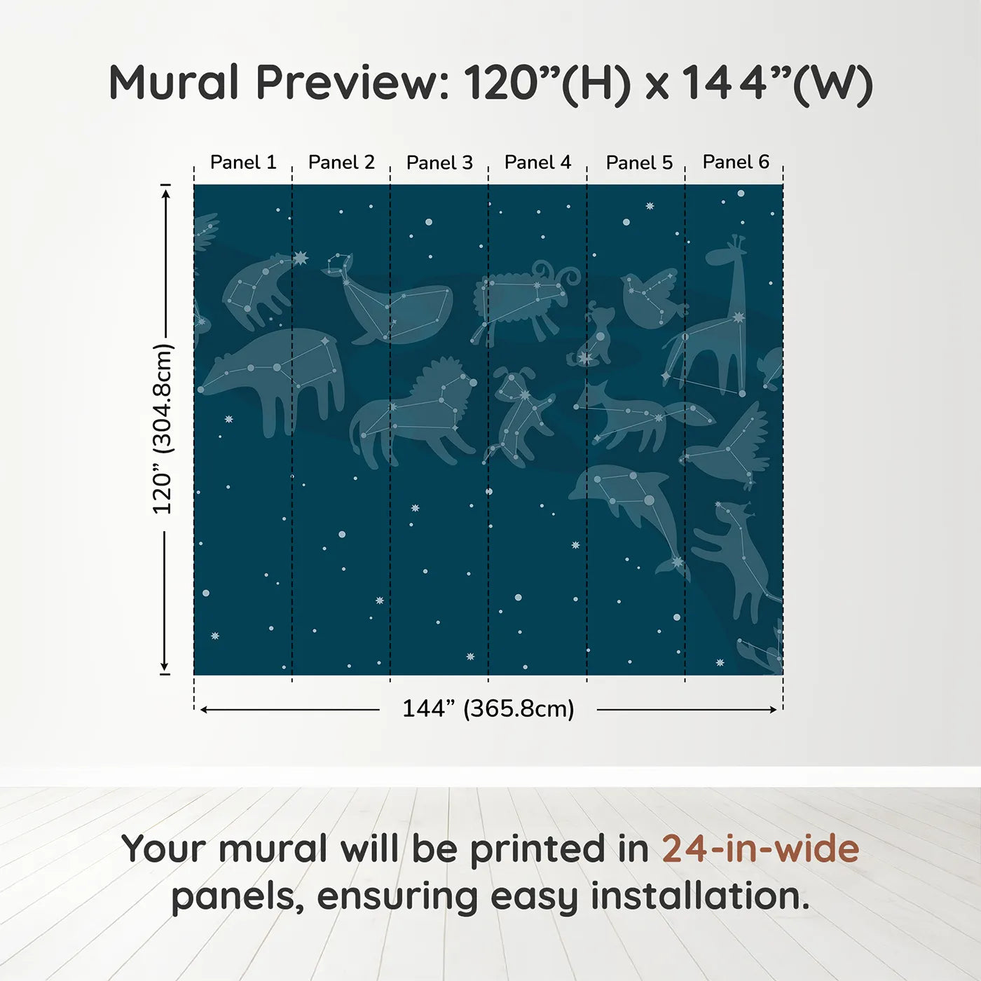 Whimsy Tots Animal Constellations Wall Muraldimension view (120" H x 144" W). Printed in six 24-inch-wide panels. Gender-Neutral