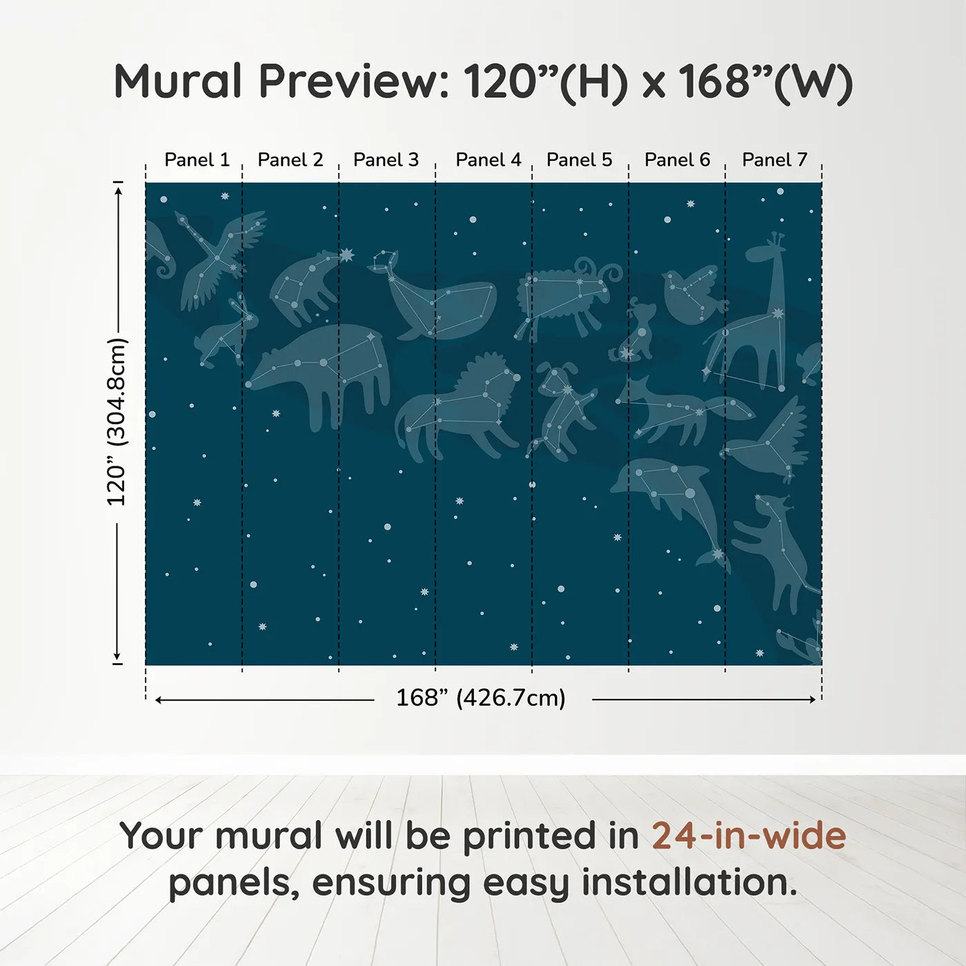 Whimsy Tots Animal Constellations Wall Muraldimension view (120" H x 168" W). Printed in seven 24-inch-wide panels. Gender-Neutral