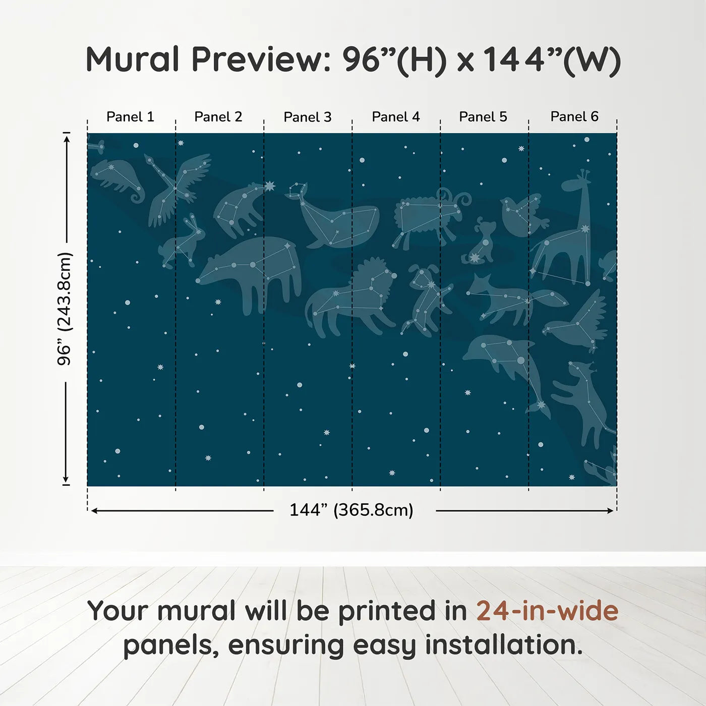Whimsy Tots Animal Constellations Wall Muraldimension view (96" H x 144" W). Printed in six 24-inch-wide panels. Gender-Neutral