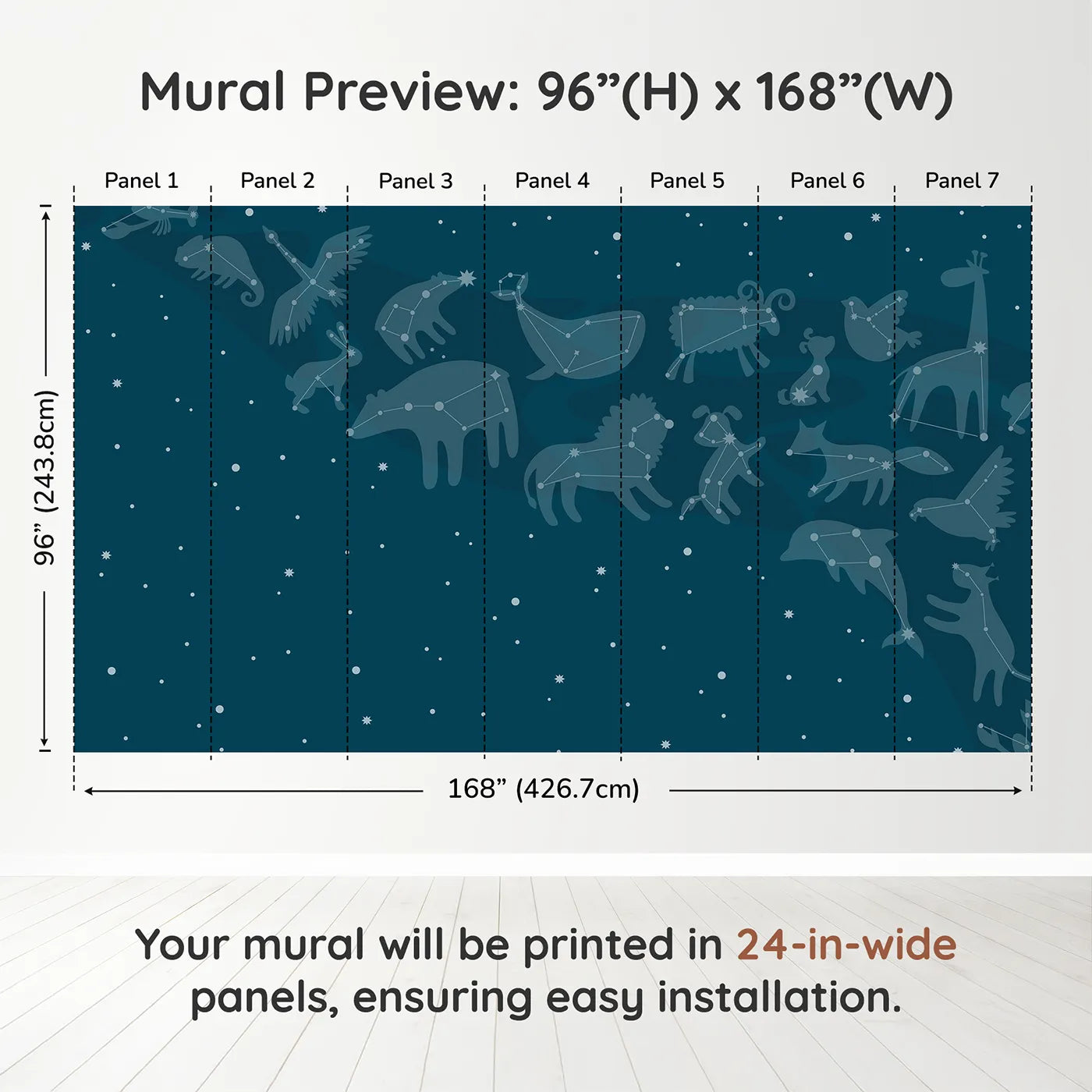 Whimsy Tots Animal Constellations Wall Muraldimension view (96" H x 168" W). Printed in seven 24-inch-wide panels. Gender-Neutral