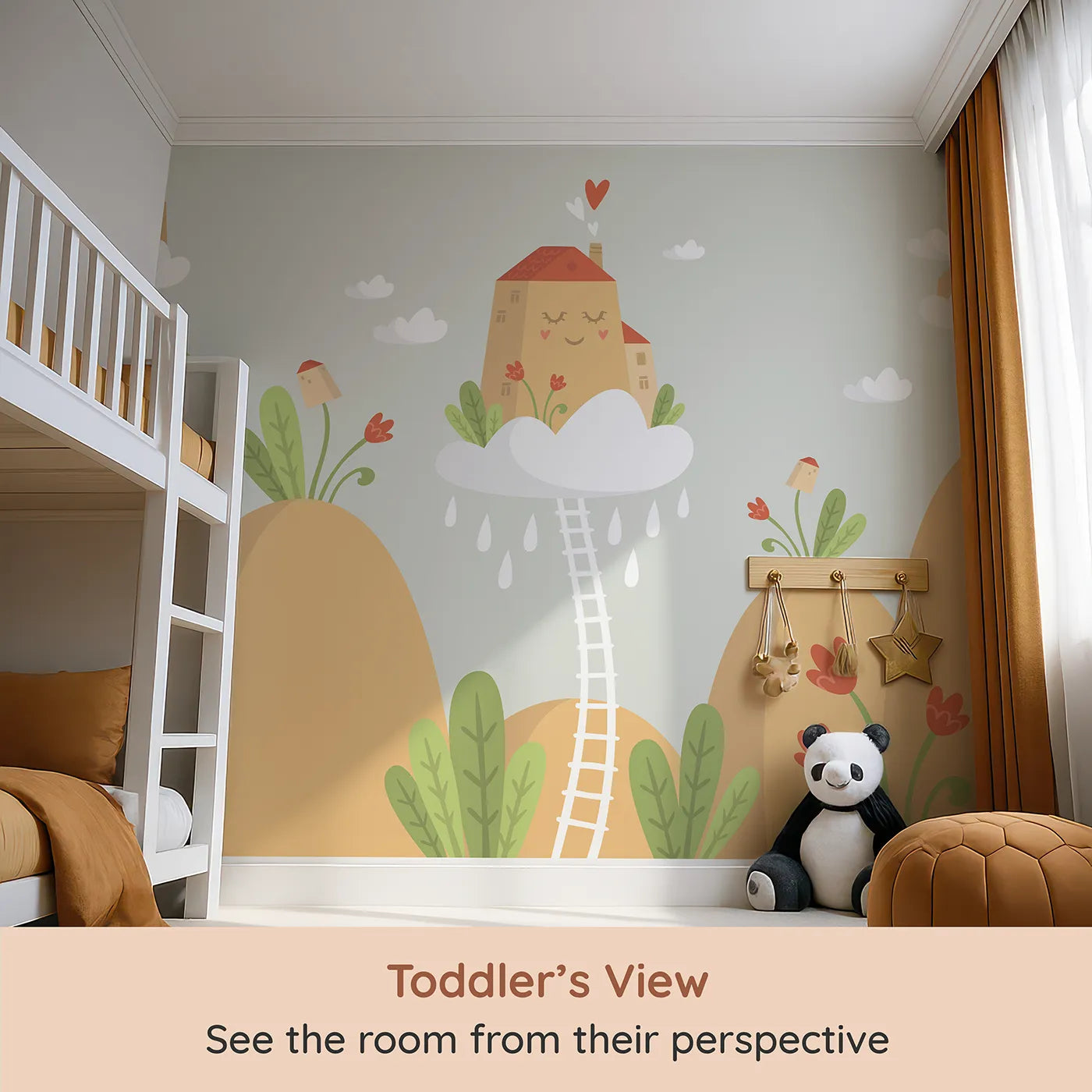 Whimsy Tots Houses in the Clouds Wall Mural in Beige (Turn Their Room into a Whimsical Dreamscape) from your child's view.Gender-Neutral