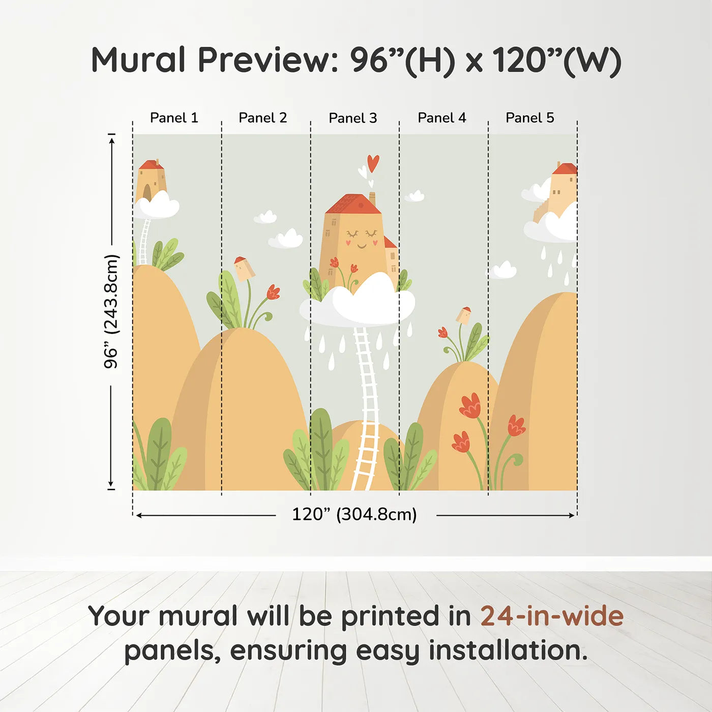 Whimsy Tots Houses in the Clouds Wall Mural in Beigedimension view (96" H x 120" W). Printed in five 24-inch-wide panels. Gender-Neutral