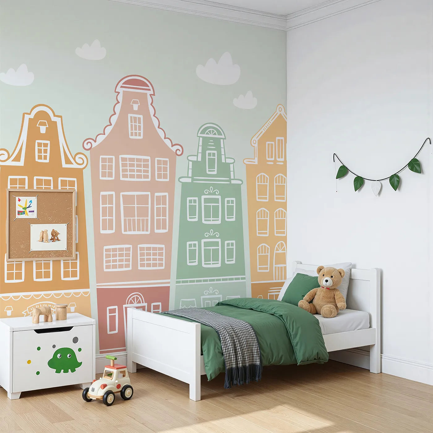 Angled view of Whimsy Tots' Pastel Amsterdam Houses Wall Mural (Turn Their Room into a Cheerful European Street).Gender-Neutral