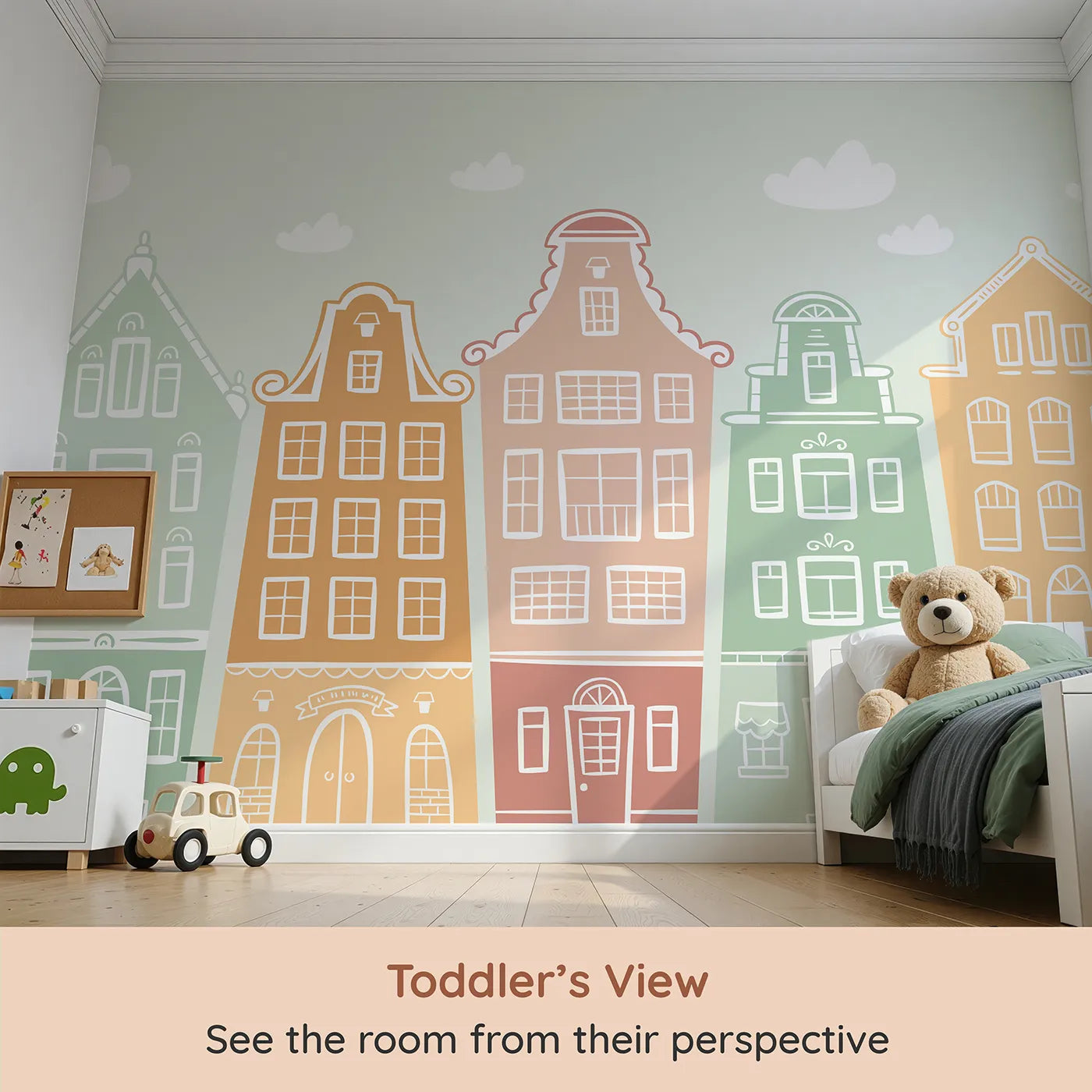 Whimsy Tots Pastel Amsterdam Houses Wall Mural (Turn Their Room into a Cheerful European Street) from your child's view.Gender-Neutral