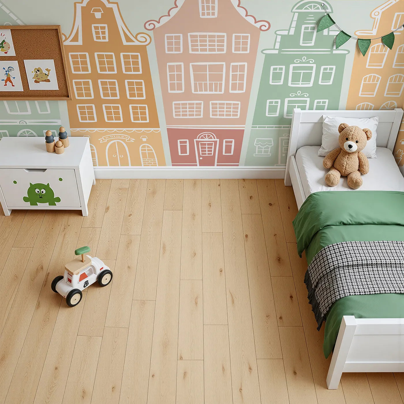 Top-down view of Whimsy Tots' Pastel Amsterdam Houses Wall Mural (Turn Their Room into a Cheerful European Street).Gender-Neutral