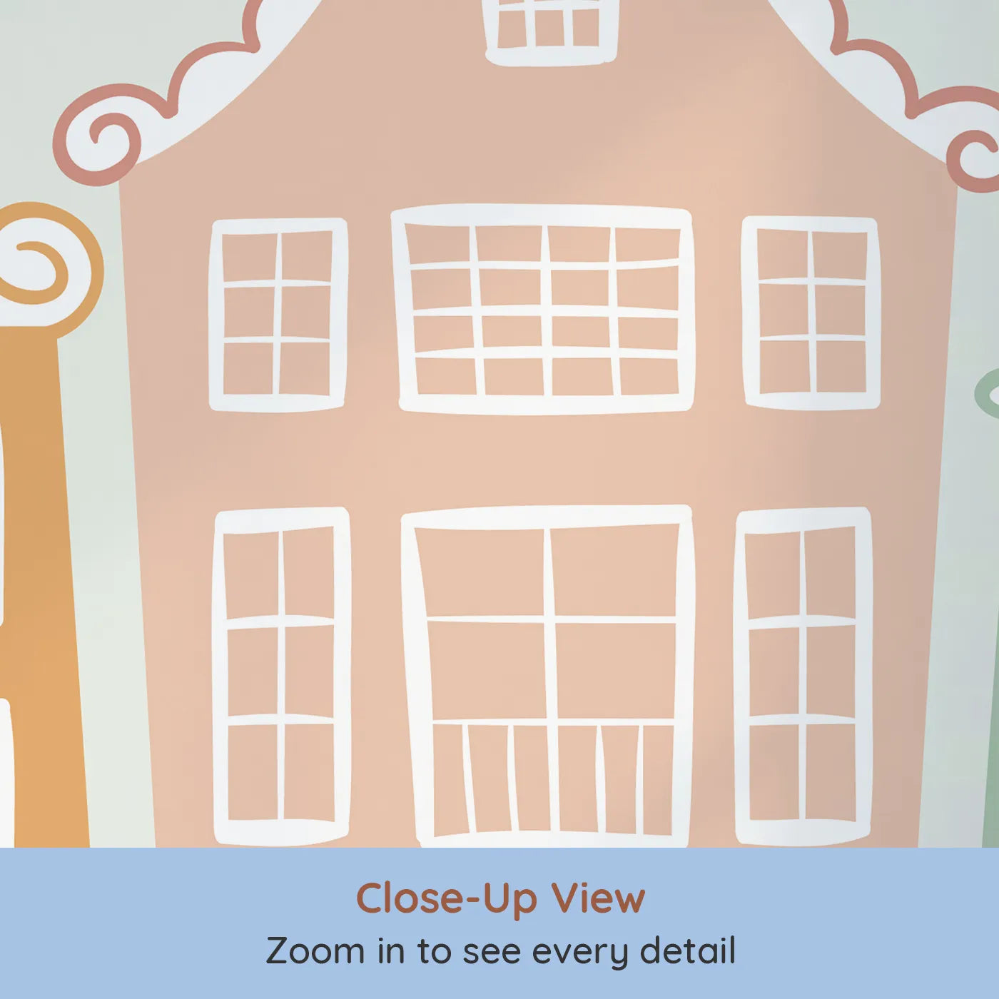 Close-up view of Whimsy Tots' Pastel Amsterdam Houses Wall Mural (Turn Their Room into a Cheerful European Street).Gender-Neutral