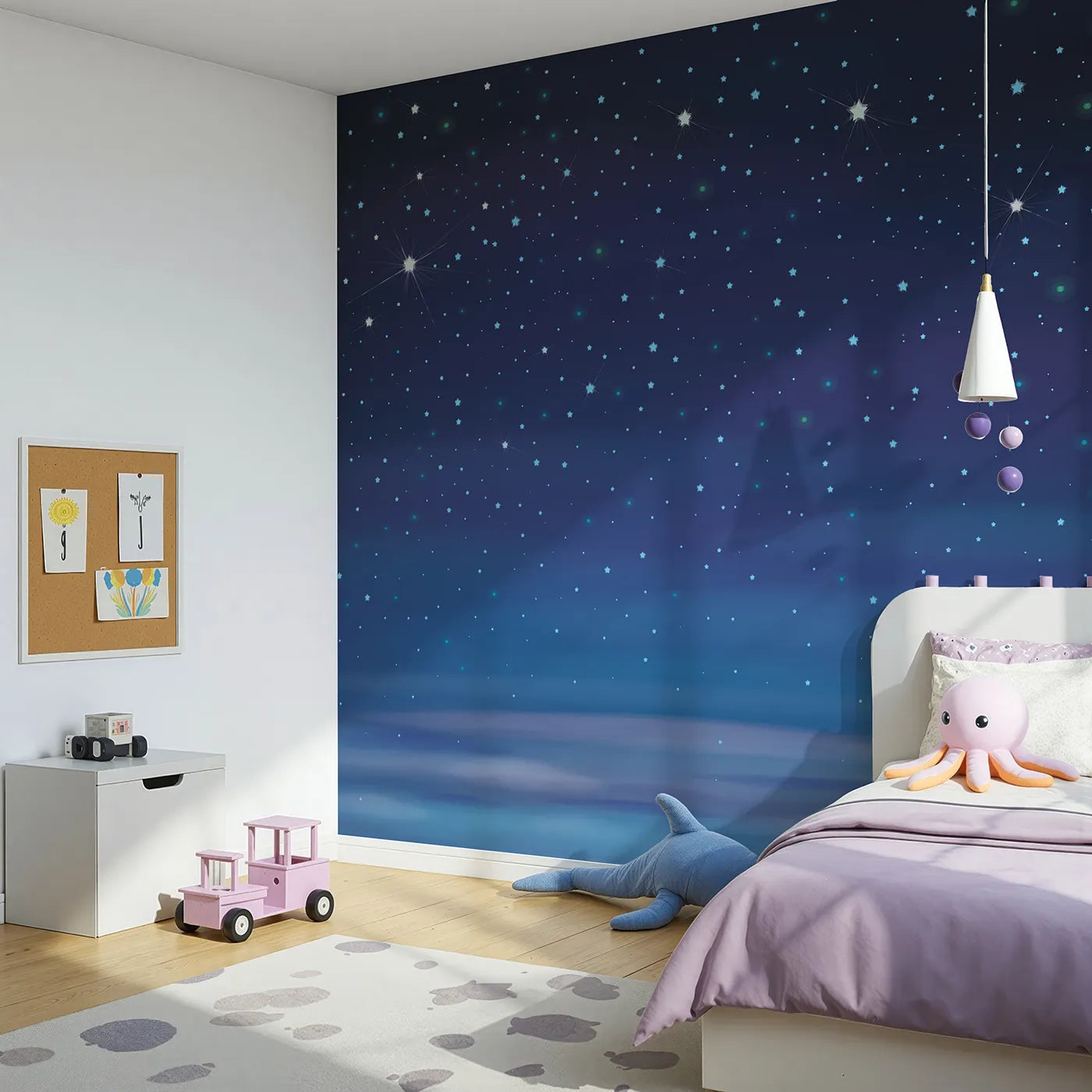 Angled view of Whimsy Tots' Deep Blue Starry Night Wall Mural (Turn Their Room into a Dazzling Universe of Stars).Gender-Neutral