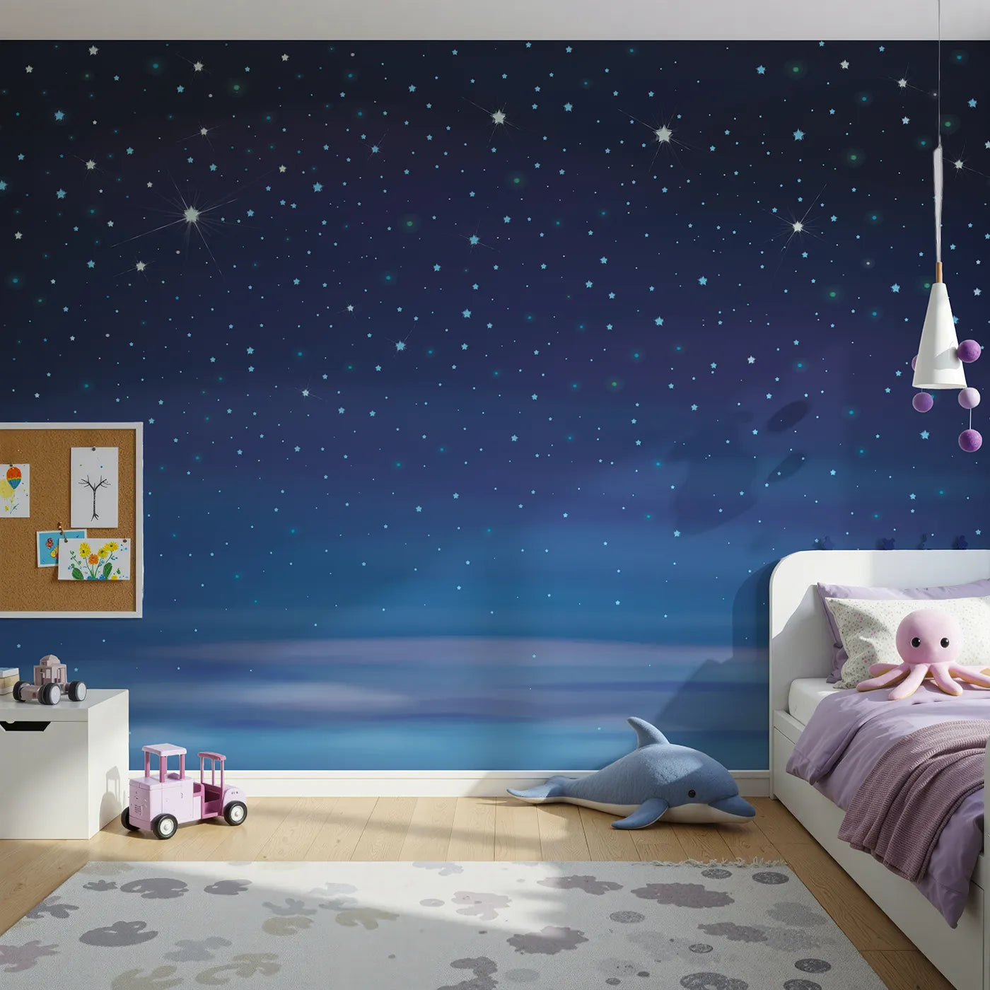 Front view of Whimsy Tots' Deep Blue Starry Night Wall Mural