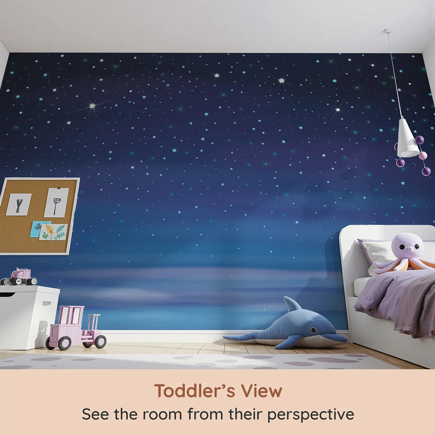 Whimsy Tots Deep Blue Starry Night Wall Mural (Turn Their Room into a Dazzling Universe of Stars) from your child's view.Gender-Neutral