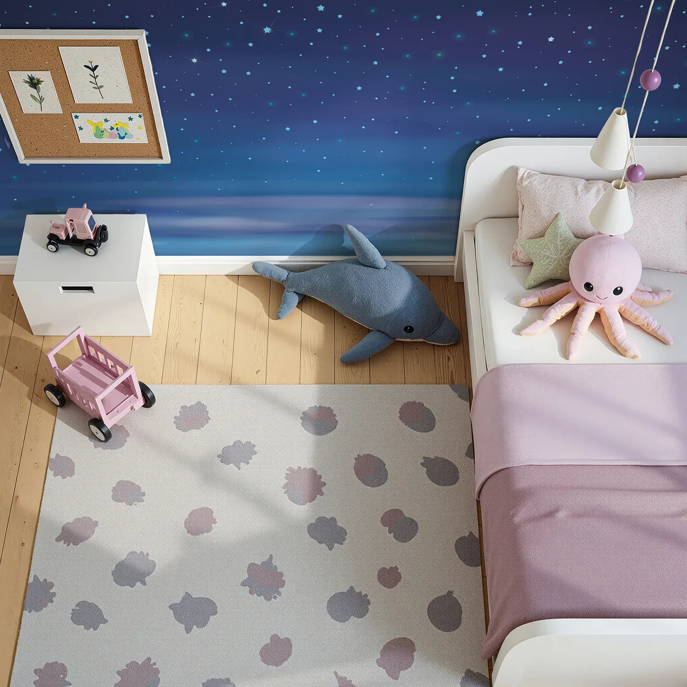 Top-down view of Whimsy Tots' Deep Blue Starry Night Wall Mural (Turn Their Room into a Dazzling Universe of Stars).Gender-Neutral