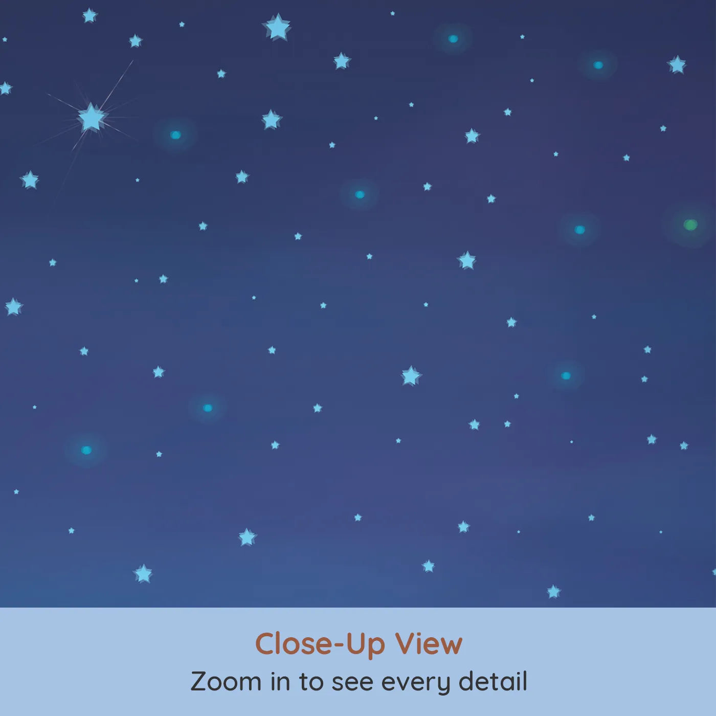 Close-up view of Whimsy Tots' Deep Blue Starry Night Wall Mural (Turn Their Room into a Dazzling Universe of Stars).Gender-Neutral