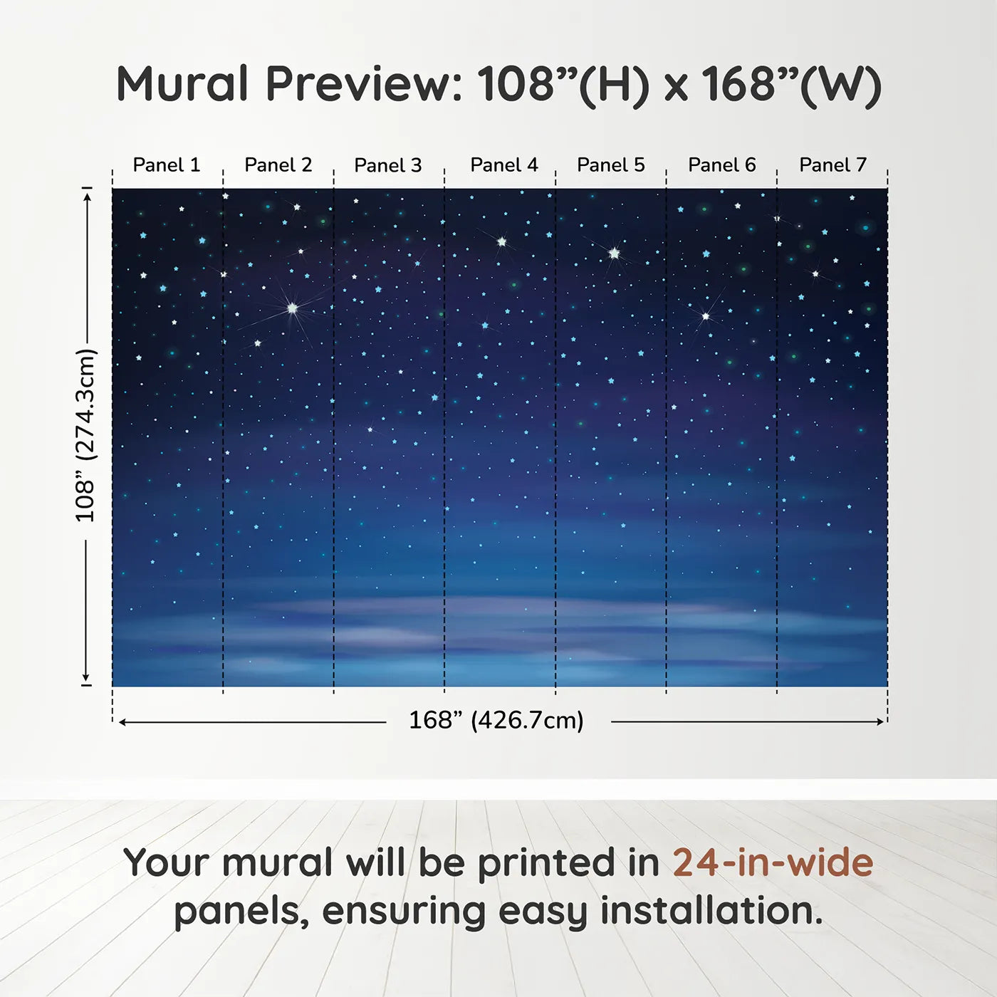 Whimsy Tots Deep Blue Starry Night Wall Muraldimension view (108" H x 168" W). Printed in seven 24-inch-wide panels. Gender-Neutral