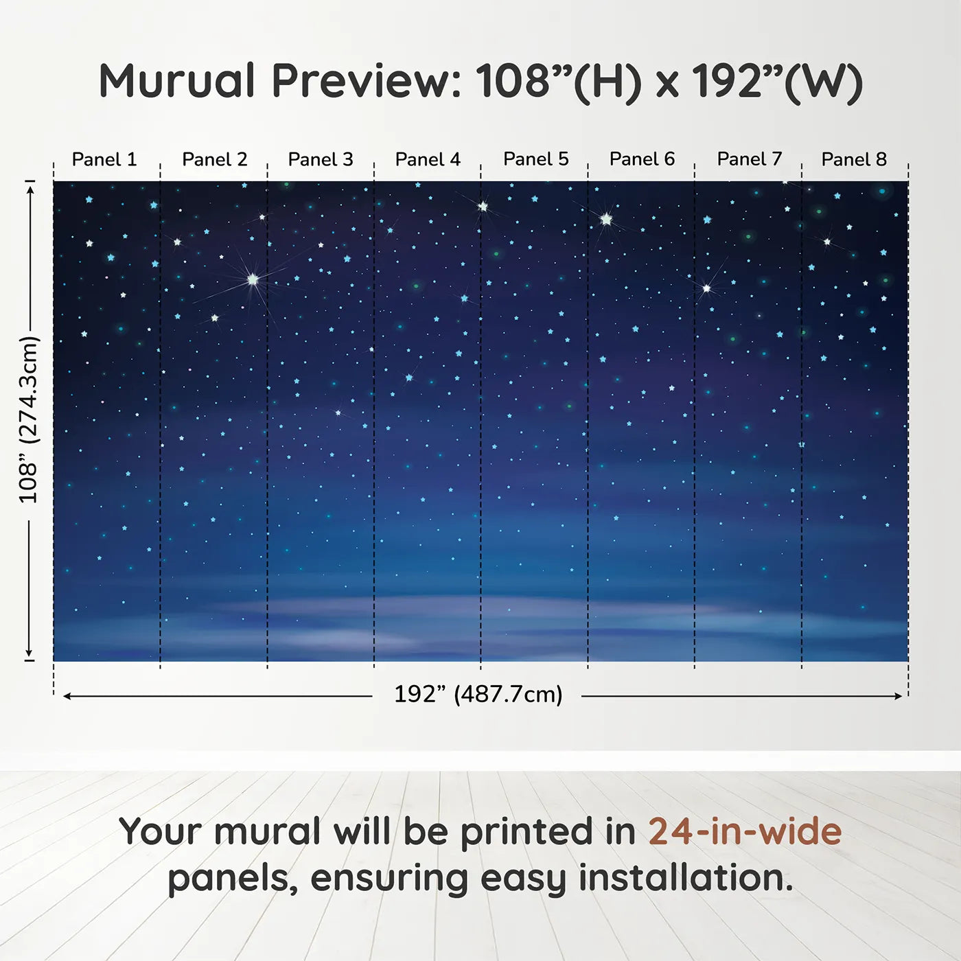 Whimsy Tots Deep Blue Starry Night Wall Muraldimension view (108" H x 192" W). Printed in eight 24-inch-wide panels. Gender-Neutral