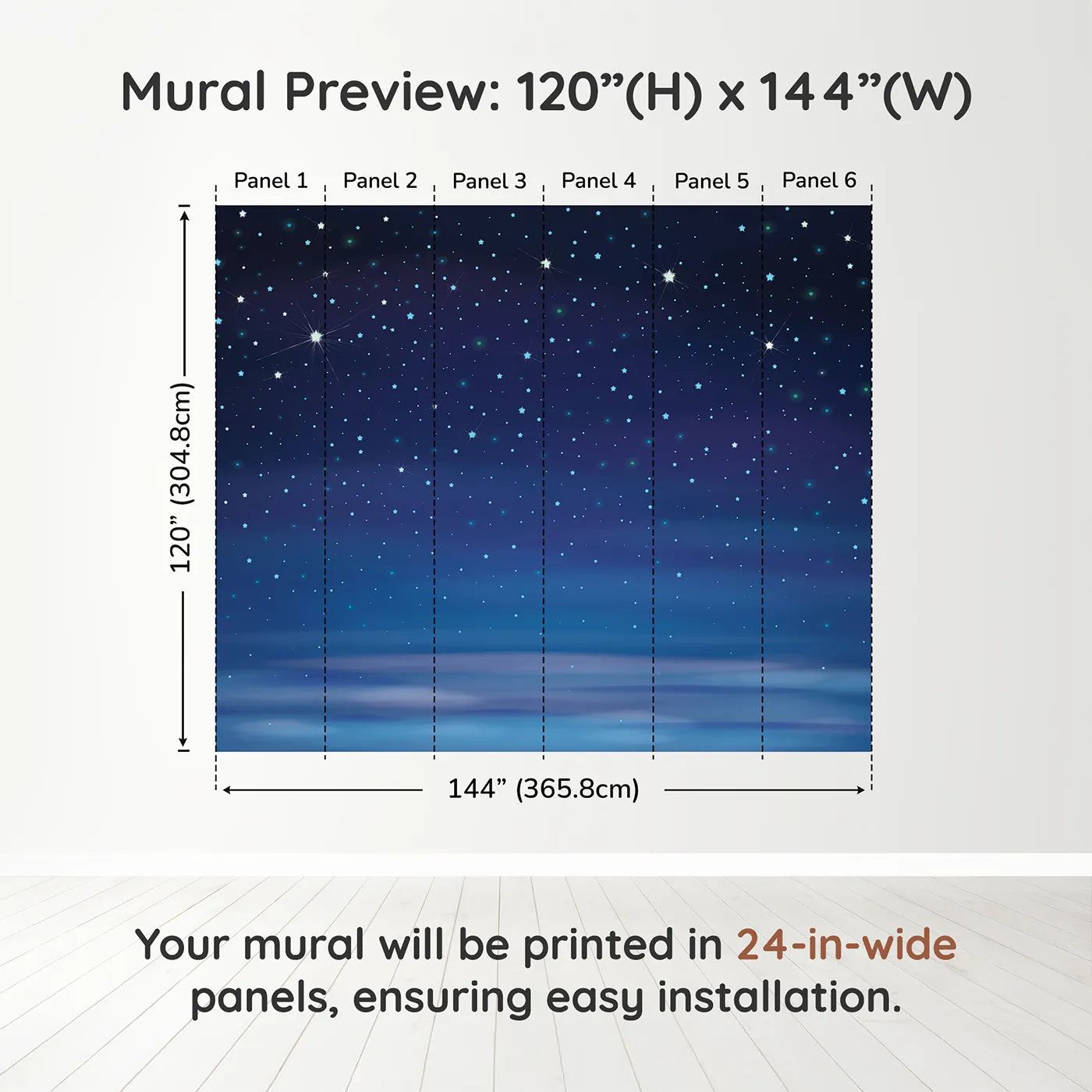 Whimsy Tots Deep Blue Starry Night Wall Muraldimension view (120" H x 144" W). Printed in six 24-inch-wide panels. Gender-Neutral