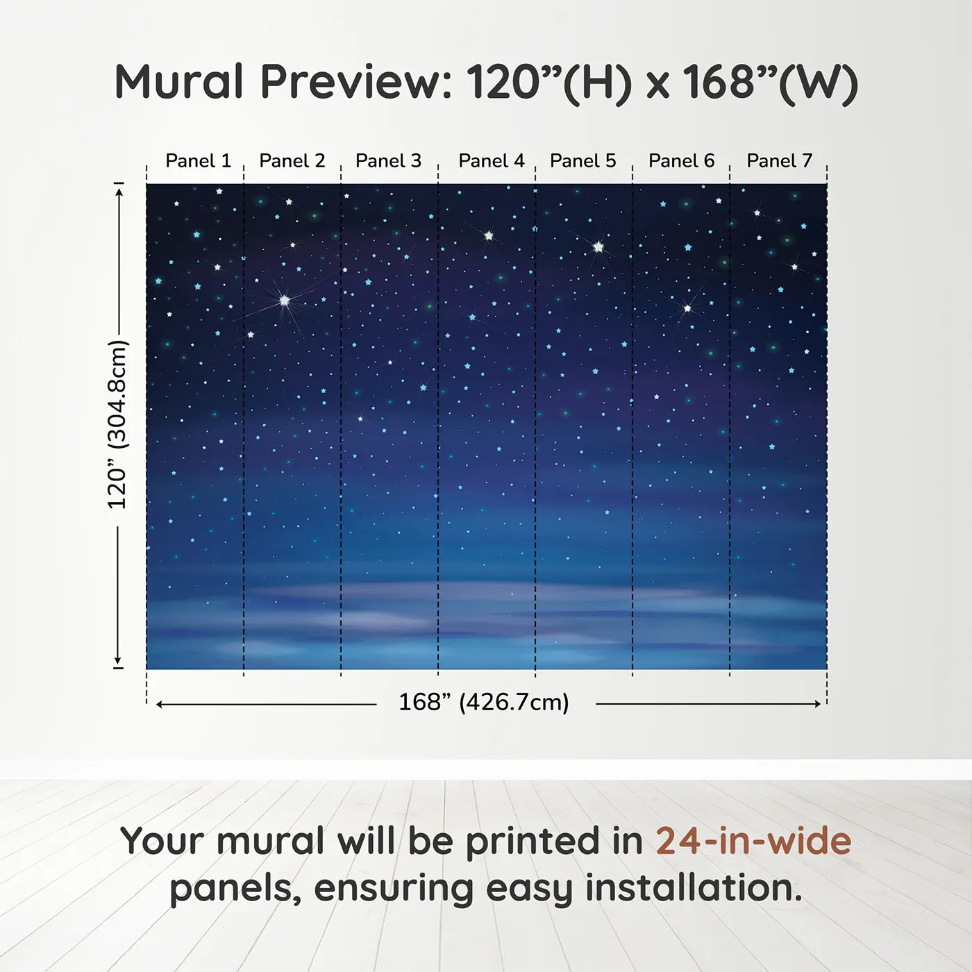 Whimsy Tots Deep Blue Starry Night Wall Muraldimension view (120" H x 168" W). Printed in seven 24-inch-wide panels. Gender-Neutral