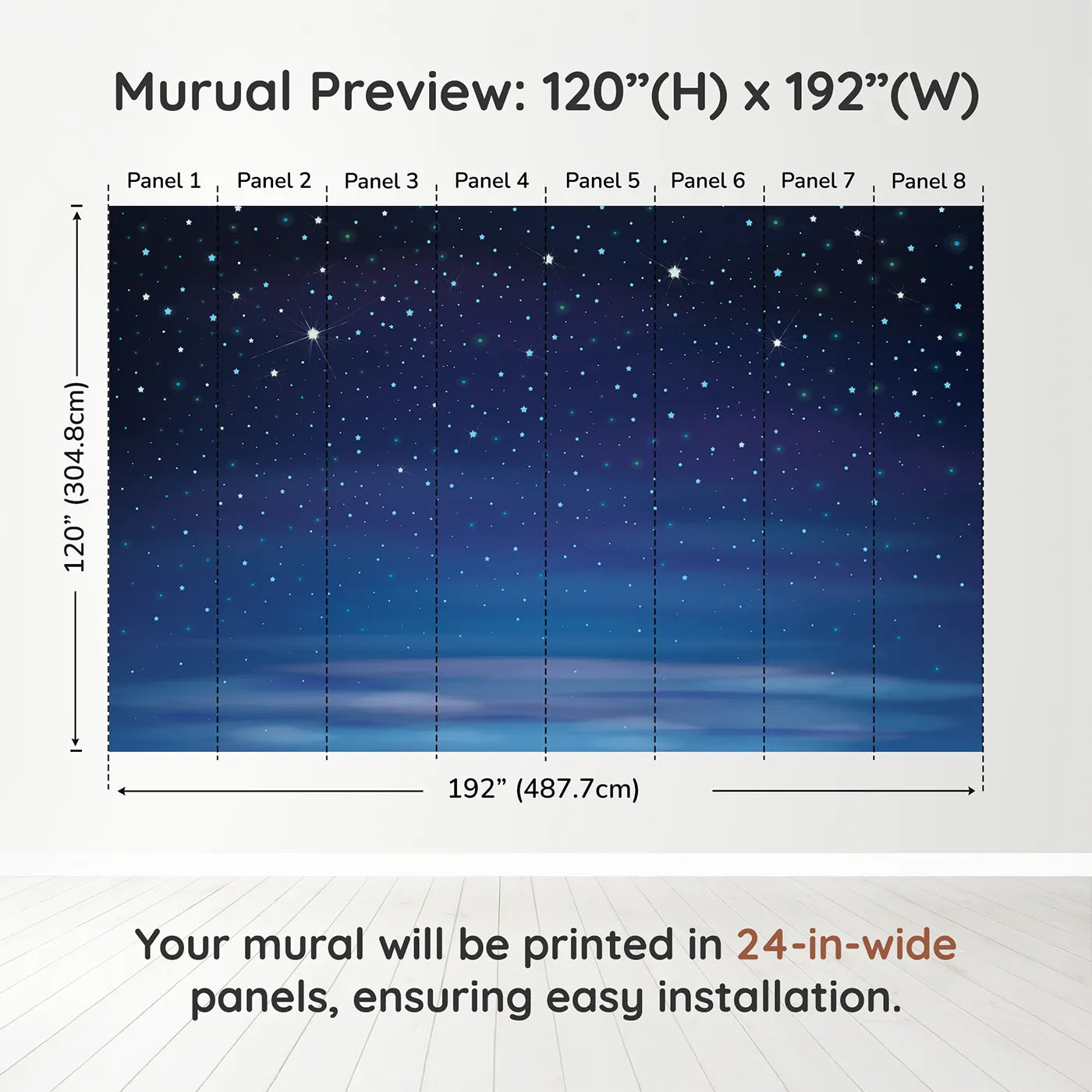Whimsy Tots Deep Blue Starry Night Wall Muraldimension view (120" H x 192" W). Printed in eight 24-inch-wide panels. Gender-Neutral