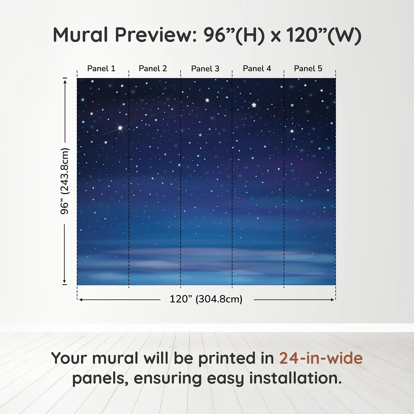 Whimsy Tots Deep Blue Starry Night Wall Muraldimension view (96" H x 120" W). Printed in five 24-inch-wide panels. Gender-Neutral