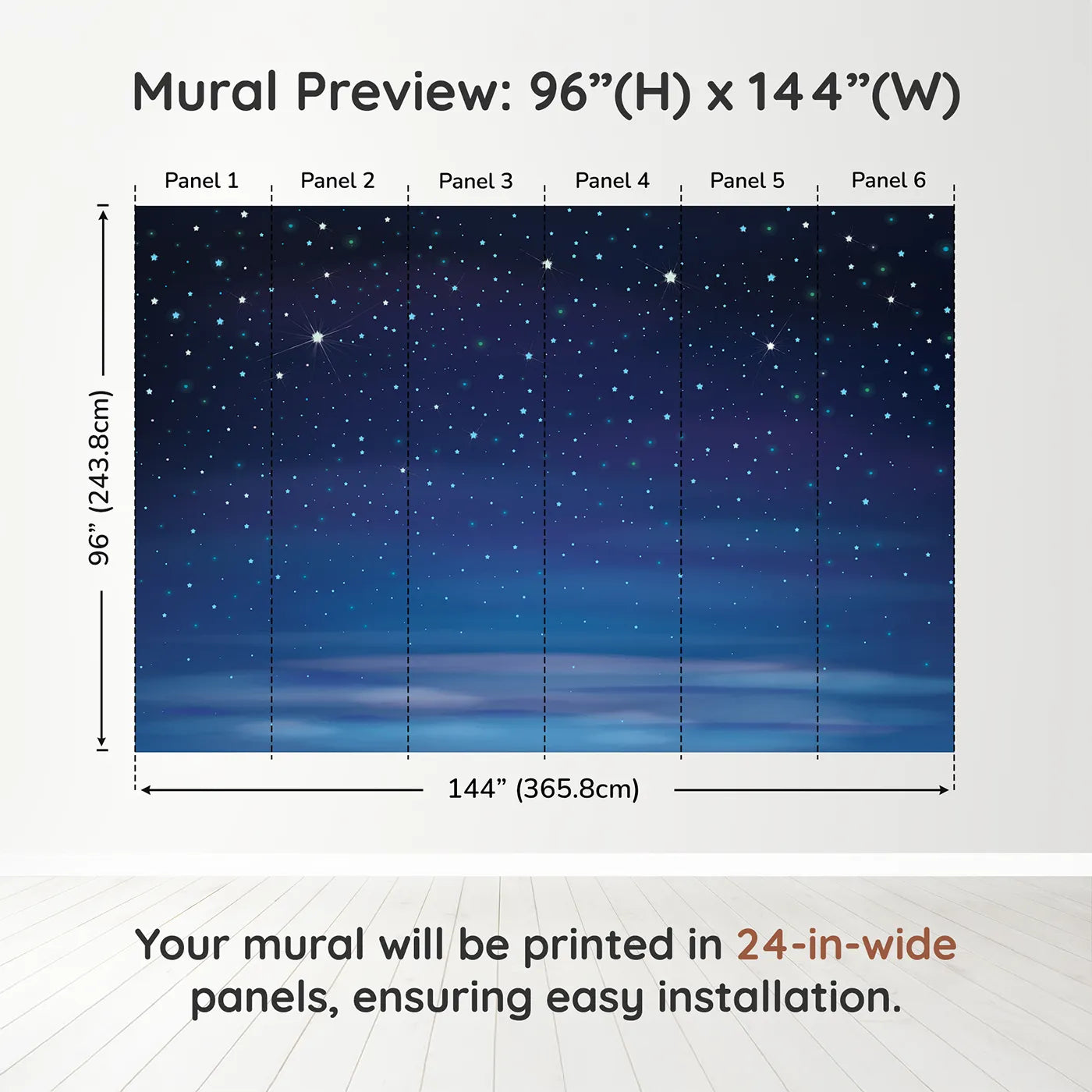 Whimsy Tots Deep Blue Starry Night Wall Muraldimension view (96" H x 144" W). Printed in six 24-inch-wide panels. Gender-Neutral