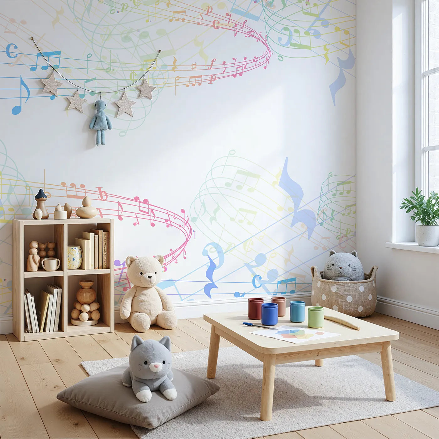 Angled view of Whimsy Tots' Rainbow Music Notes Wall Mural (Turn Their Room into a Symphony of Color).Gender-Neutral