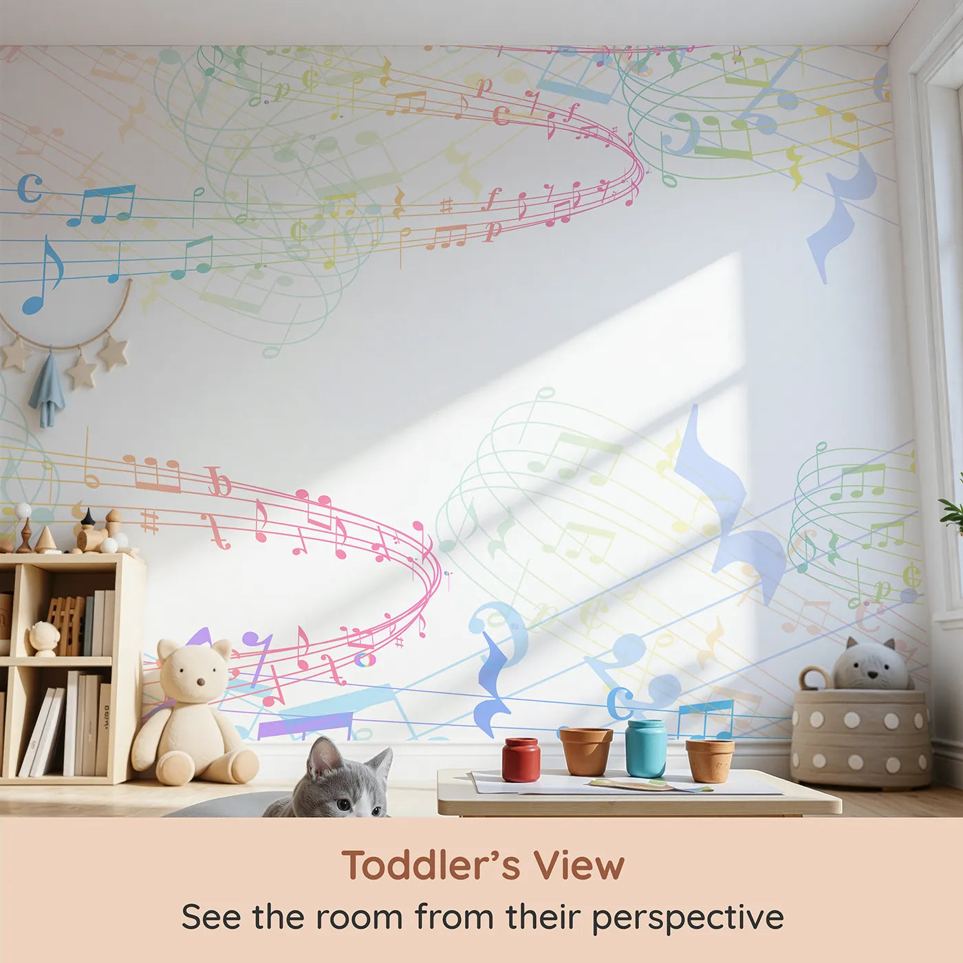 Whimsy Tots Rainbow Music Notes Wall Mural (Turn Their Room into a Symphony of Color) from your child's view.Gender-Neutral