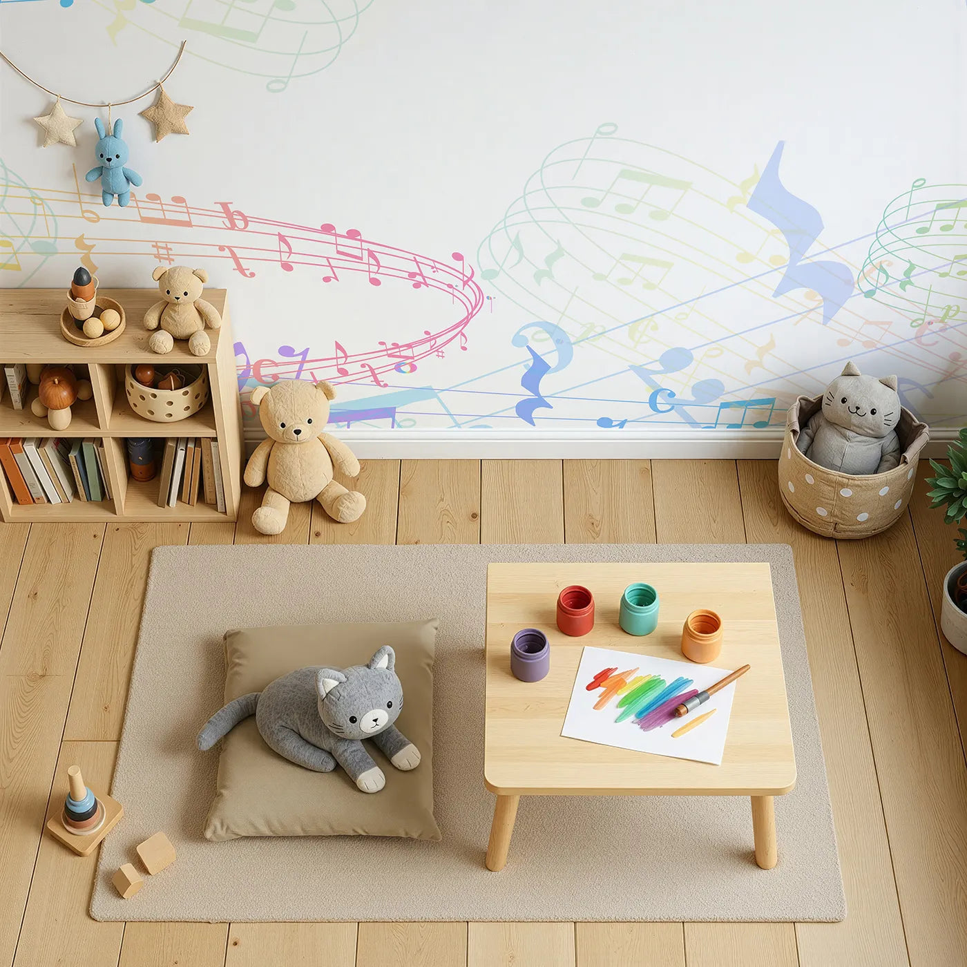 Top-down view of Whimsy Tots' Rainbow Music Notes Wall Mural (Turn Their Room into a Symphony of Color).Gender-Neutral