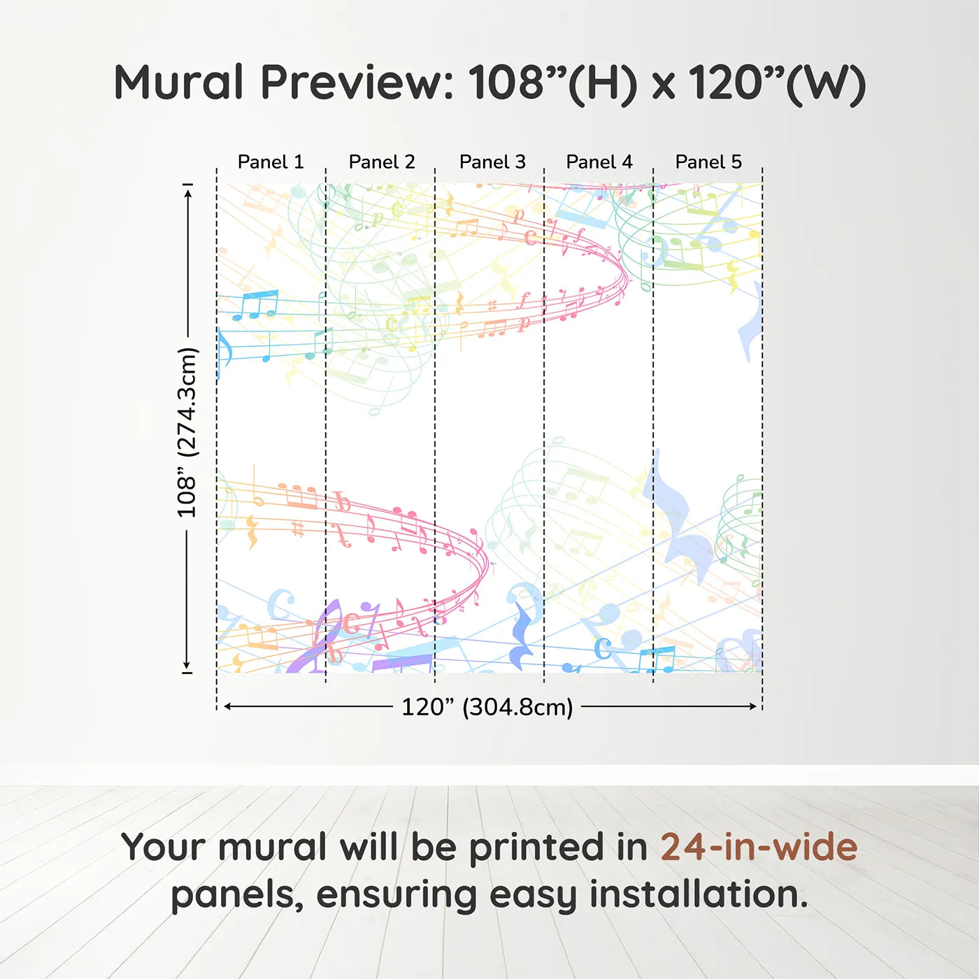 Whimsy Tots Rainbow Music Notes Wall Muraldimension view (108" H x 120" W). Printed in five 24-inch-wide panels. Gender-Neutral