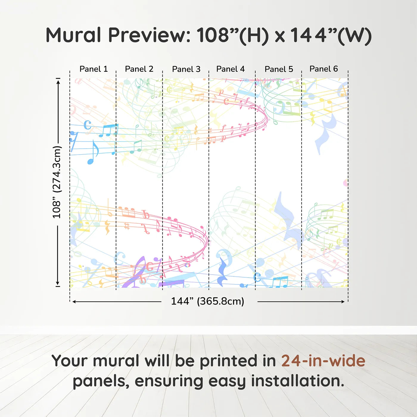 Whimsy Tots Rainbow Music Notes Wall Muraldimension view (108" H x 144" W). Printed in six 24-inch-wide panels. Gender-Neutral