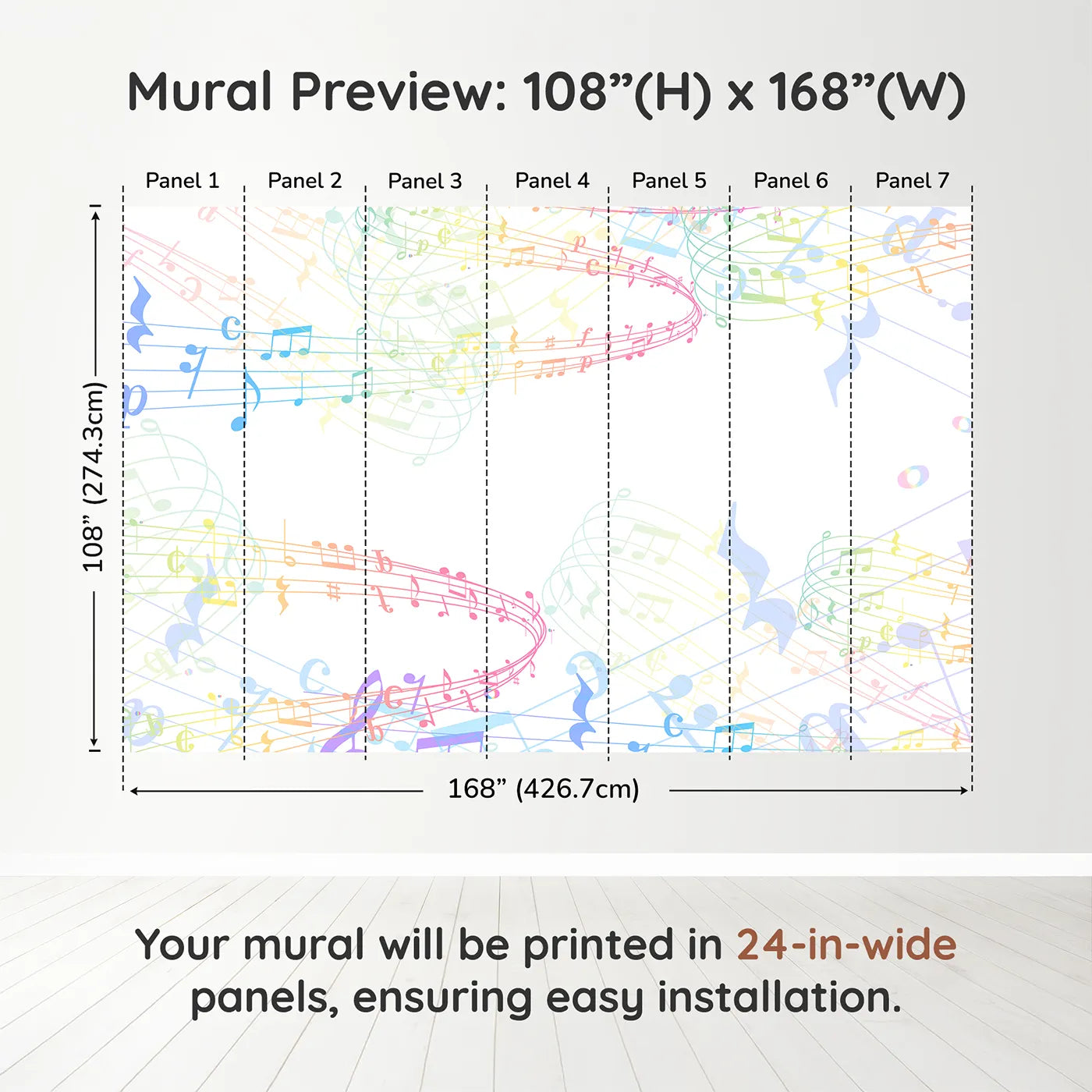 Whimsy Tots Rainbow Music Notes Wall Muraldimension view (108" H x 168" W). Printed in seven 24-inch-wide panels. Gender-Neutral
