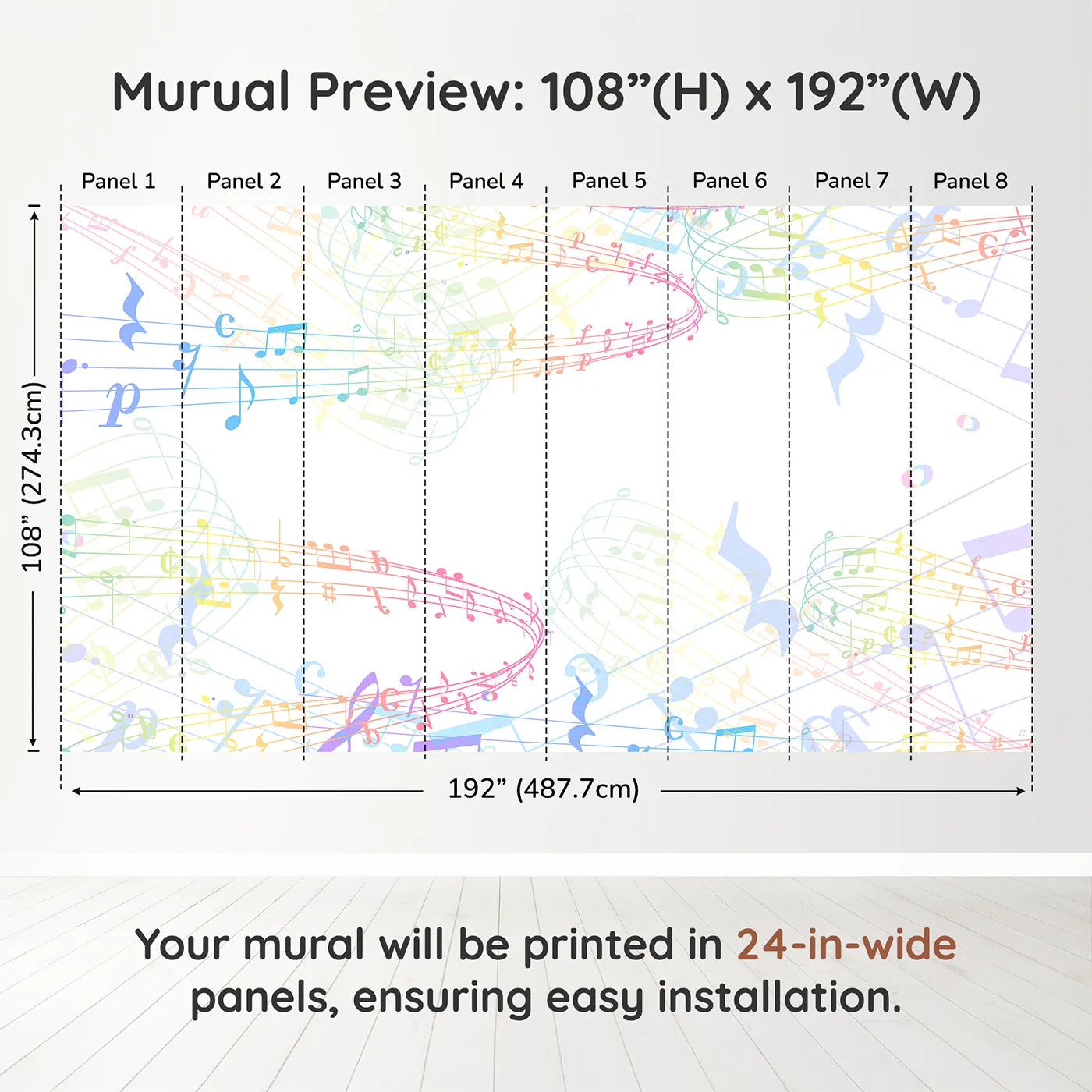 Whimsy Tots Rainbow Music Notes Wall Muraldimension view (108" H x 192" W). Printed in eight 24-inch-wide panels. Gender-Neutral