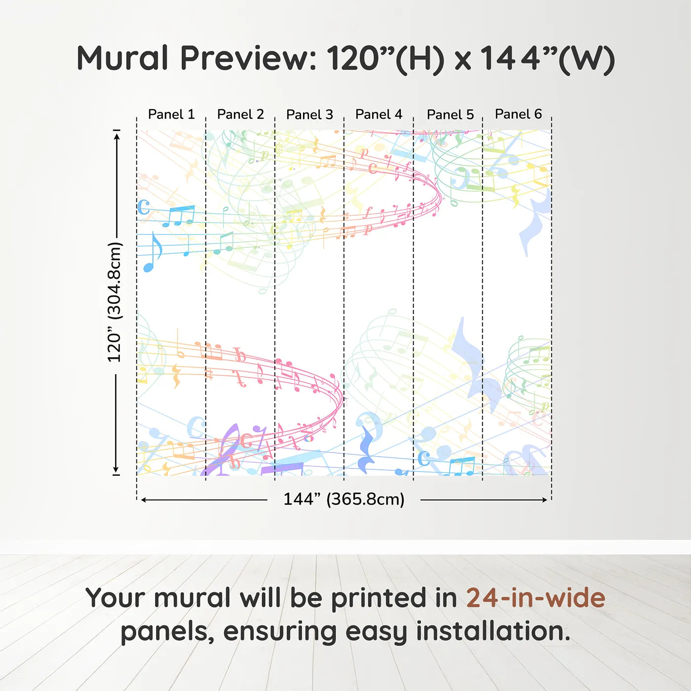 Whimsy Tots Rainbow Music Notes Wall Muraldimension view (120" H x 144" W). Printed in six 24-inch-wide panels. Gender-Neutral