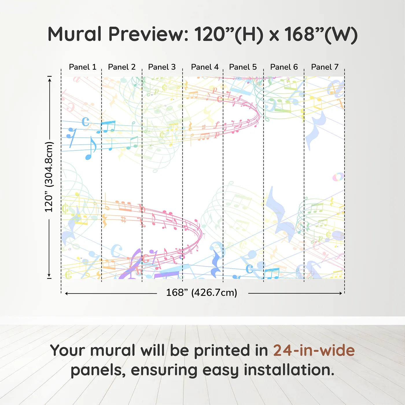Whimsy Tots Rainbow Music Notes Wall Muraldimension view (120" H x 168" W). Printed in seven 24-inch-wide panels. Gender-Neutral