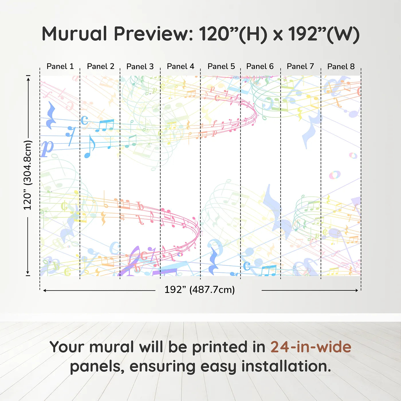 Whimsy Tots Rainbow Music Notes Wall Muraldimension view (120" H x 192" W). Printed in eight 24-inch-wide panels. Gender-Neutral
